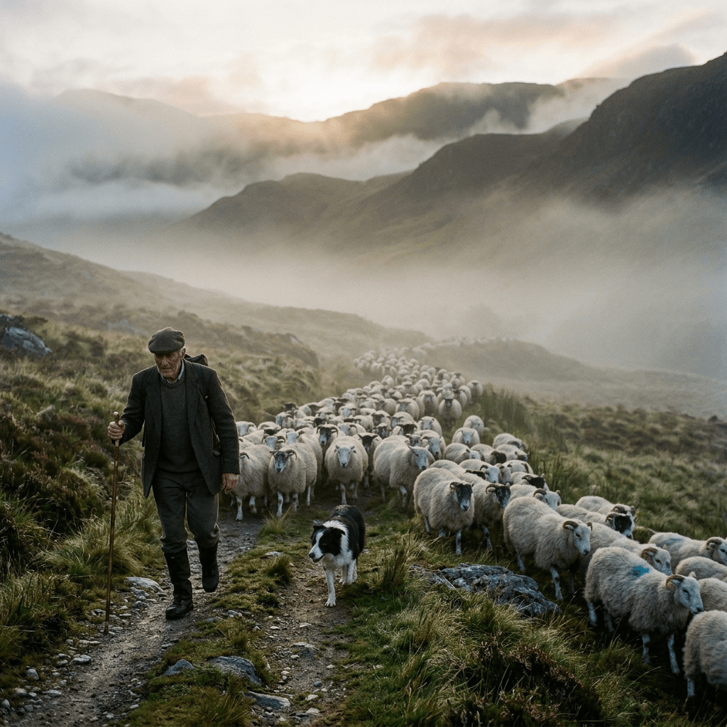 Shepherd with walking stick and dog guiding a flock of sheep along a mountain path in misty sunrise.