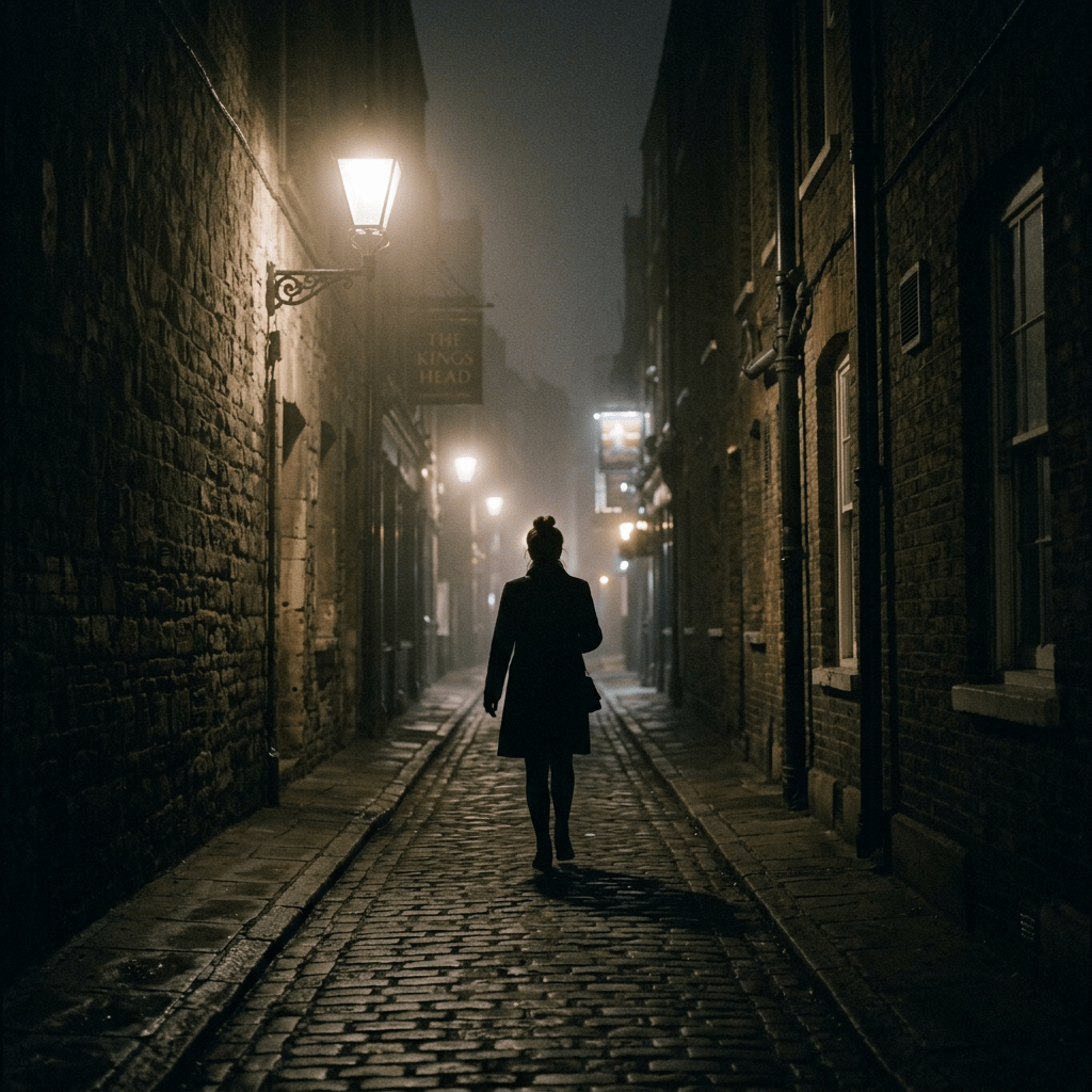 Silhouette of a person walking on a narrow cobblestone street at night with street lamps illuminating fog.