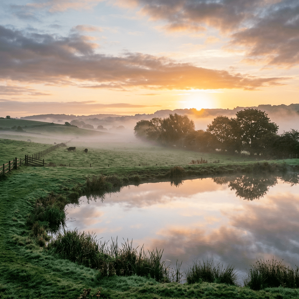 Sunrise pasture with still waters and mist