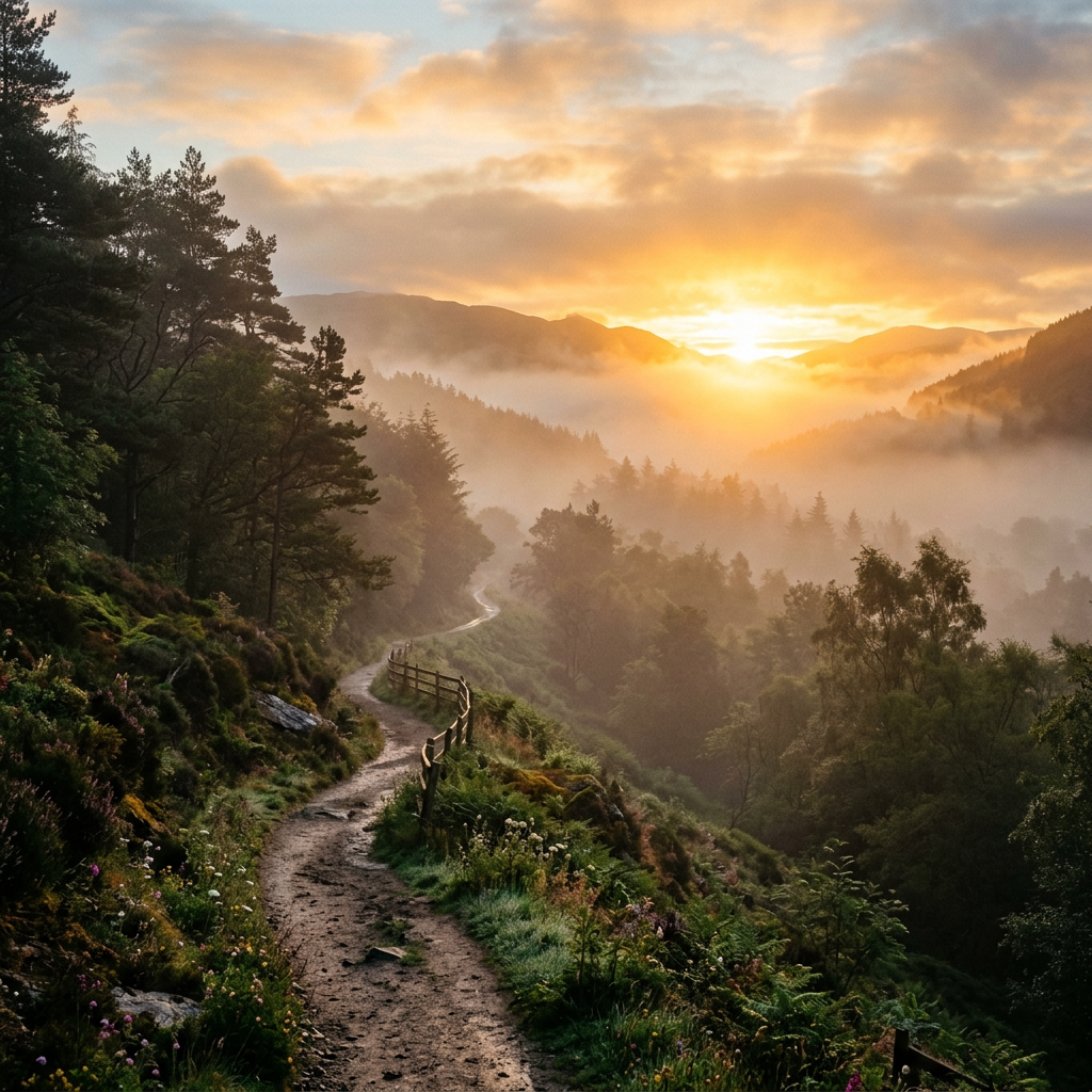 Winding dirt path through forested hills with sunrise and mist