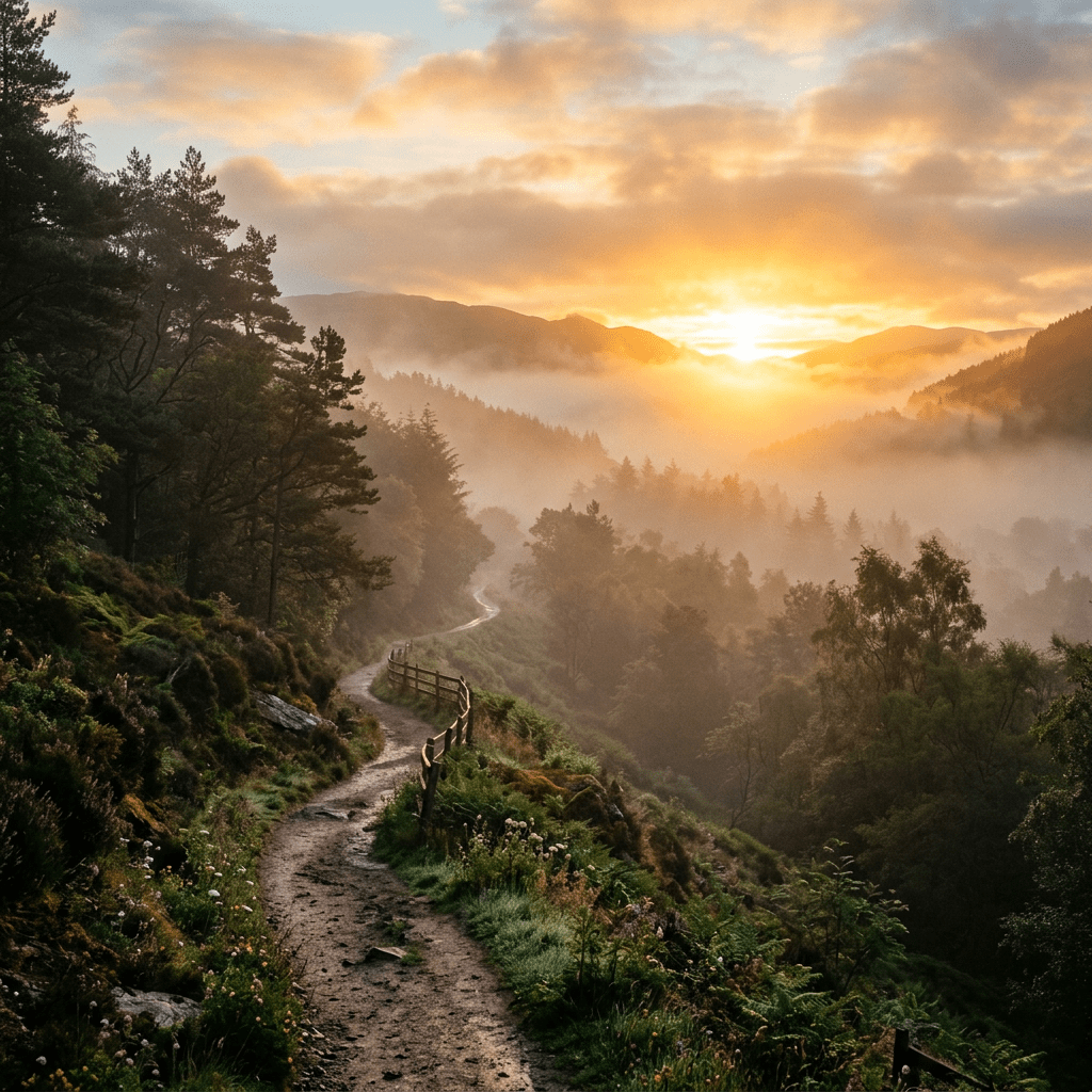 Winding dirt path through forested hills with sunrise and mist