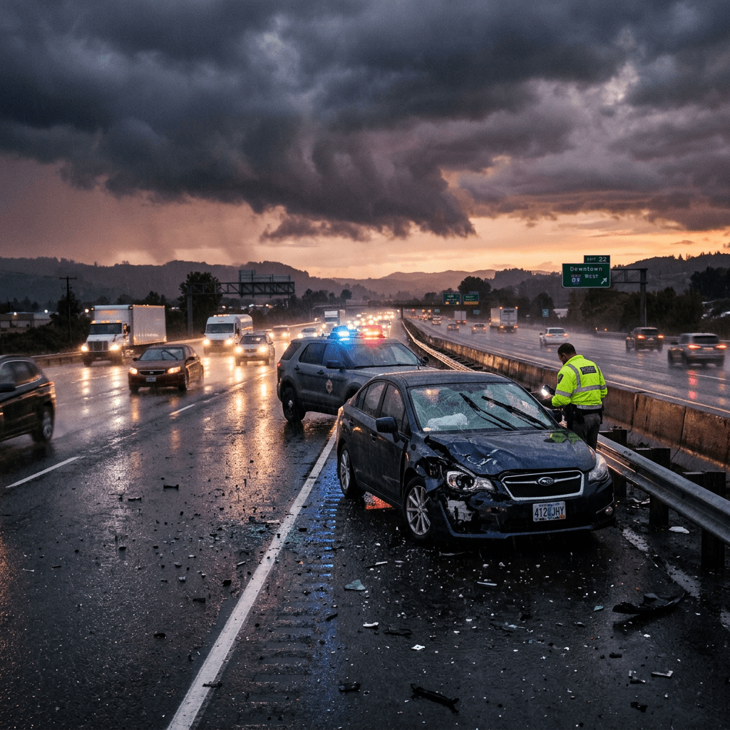 Damaged black car on rainy highway shoulder with police officer and flashing patrol vehicle