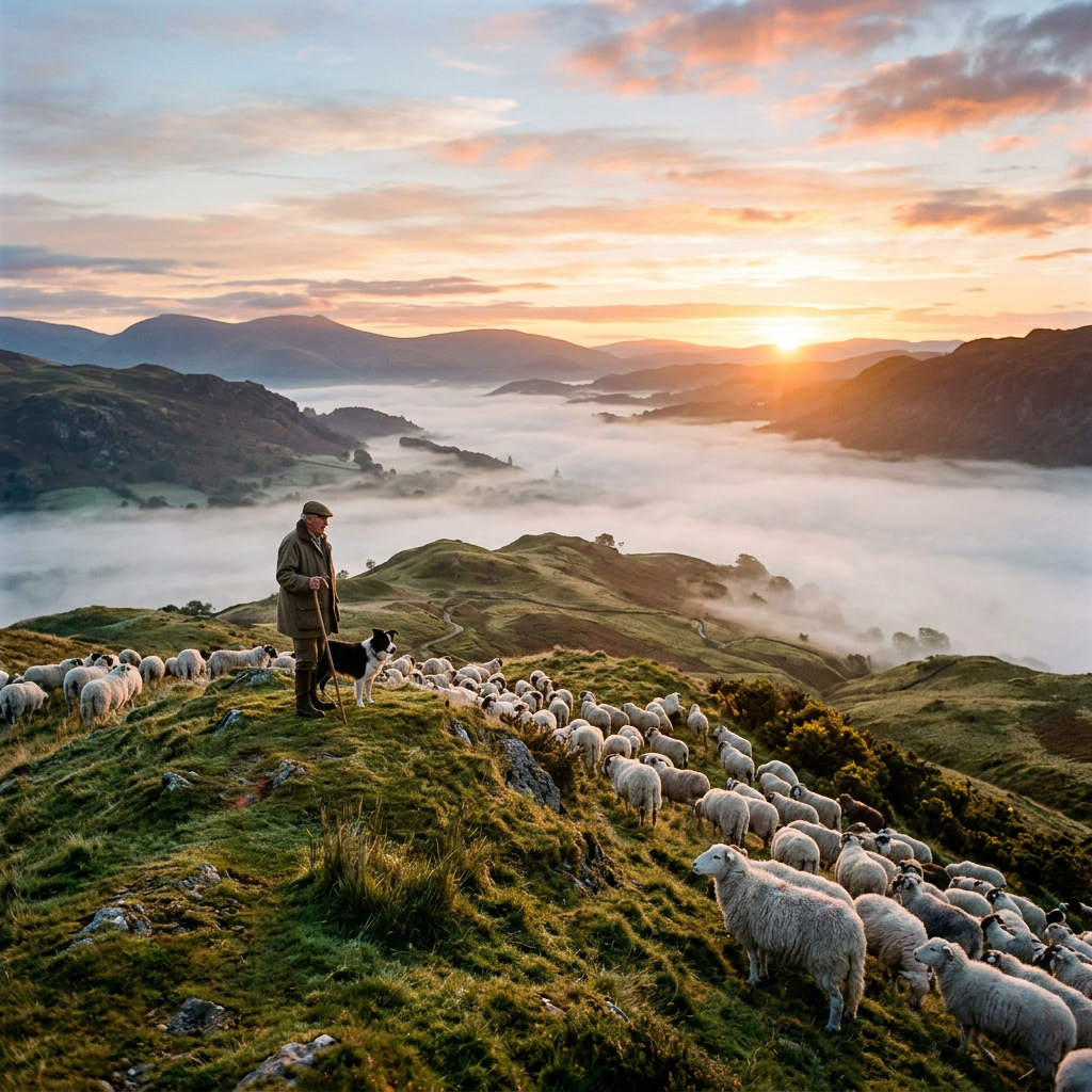 Shepherd standing on a grassy hill with sheep and a dog at sunrise above a fog-filled valley.