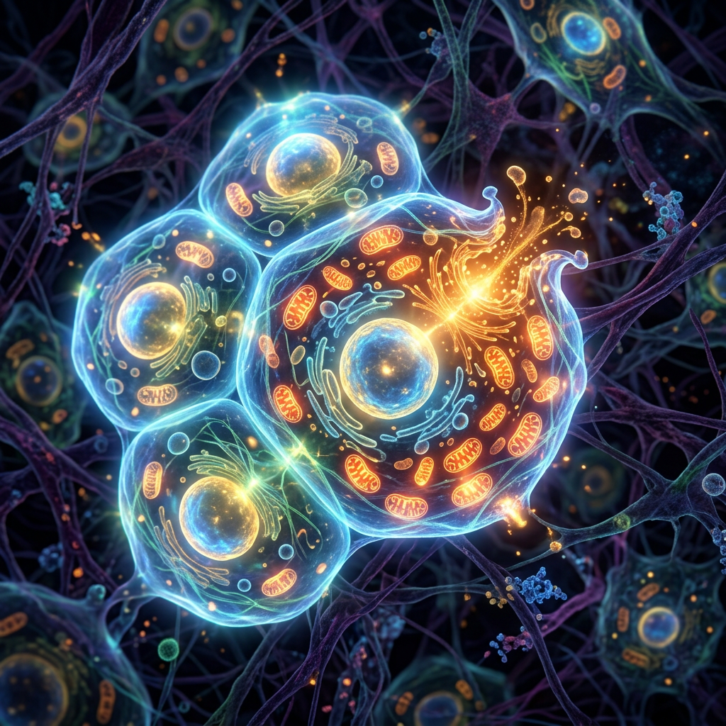 Detailed view of multiple cells with glowing nuclei and organelles interconnected