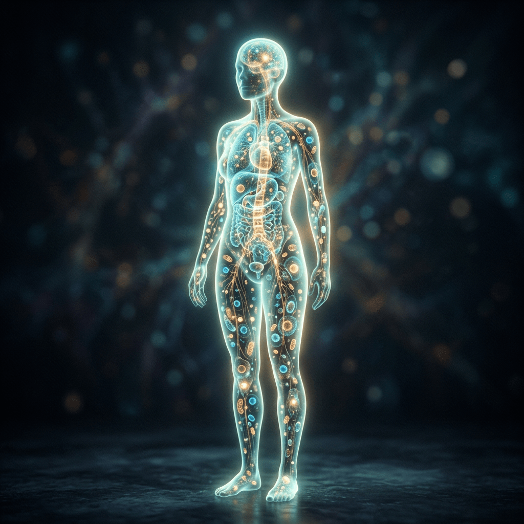 Human figure with visible internal organs, cells, and molecular structures glowing