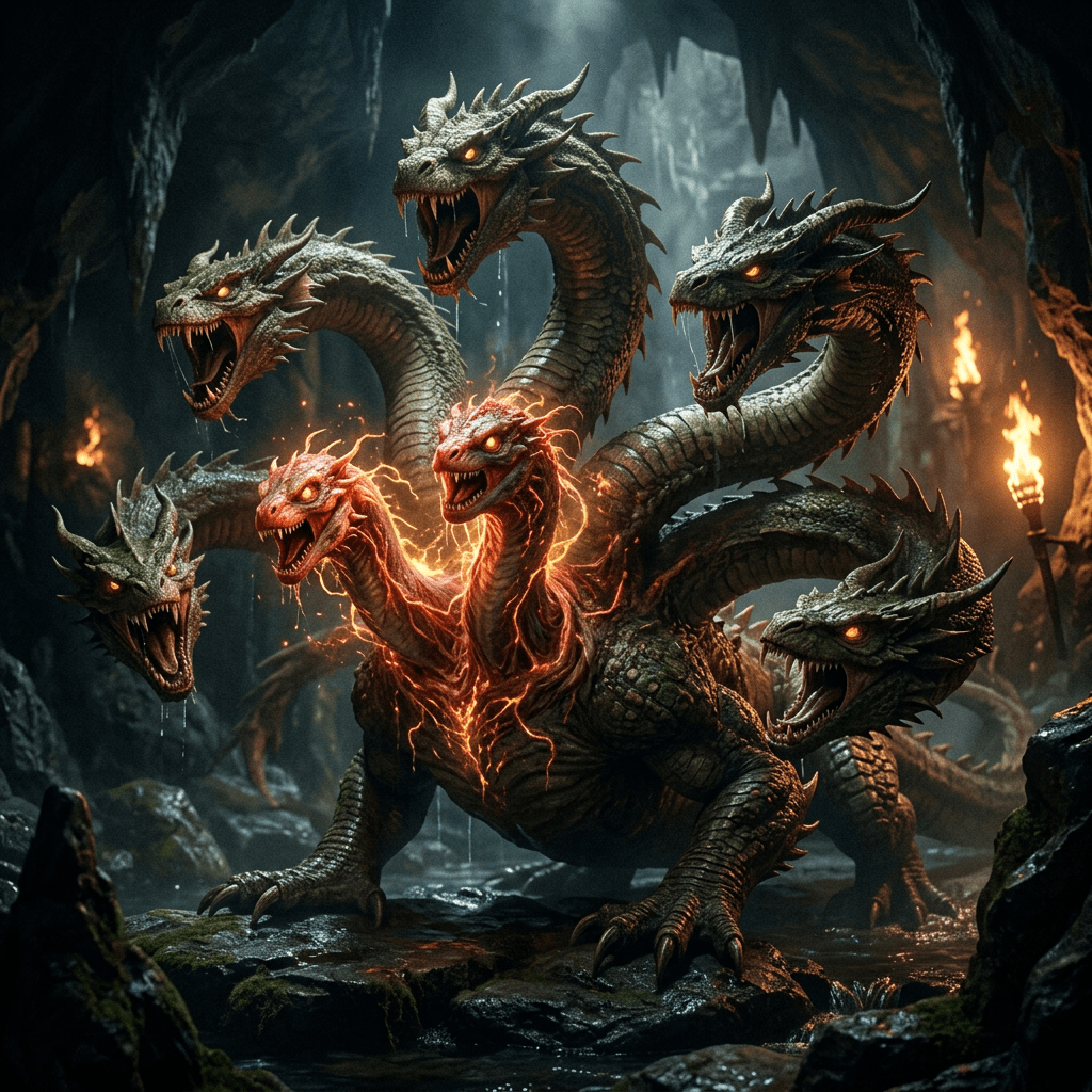 Seven-headed dragon with glowing eyes in a rocky cave with torches