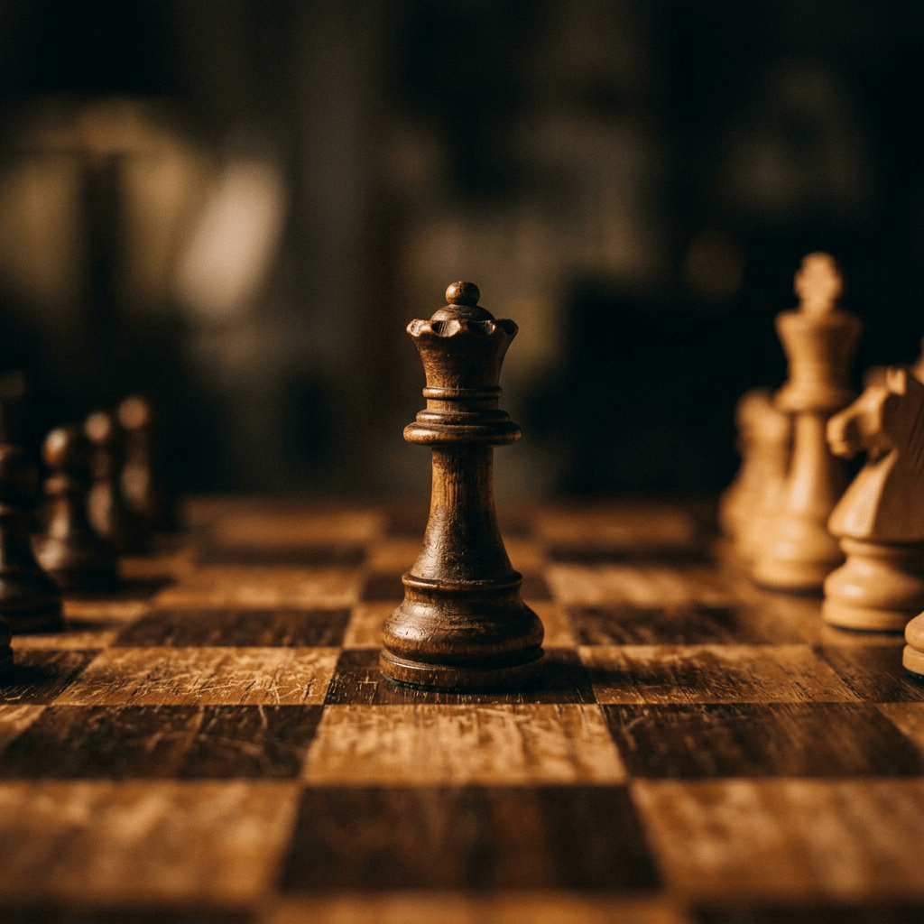 Wooden queen chess piece in center of rustic chessboard with blurred chess pieces in background