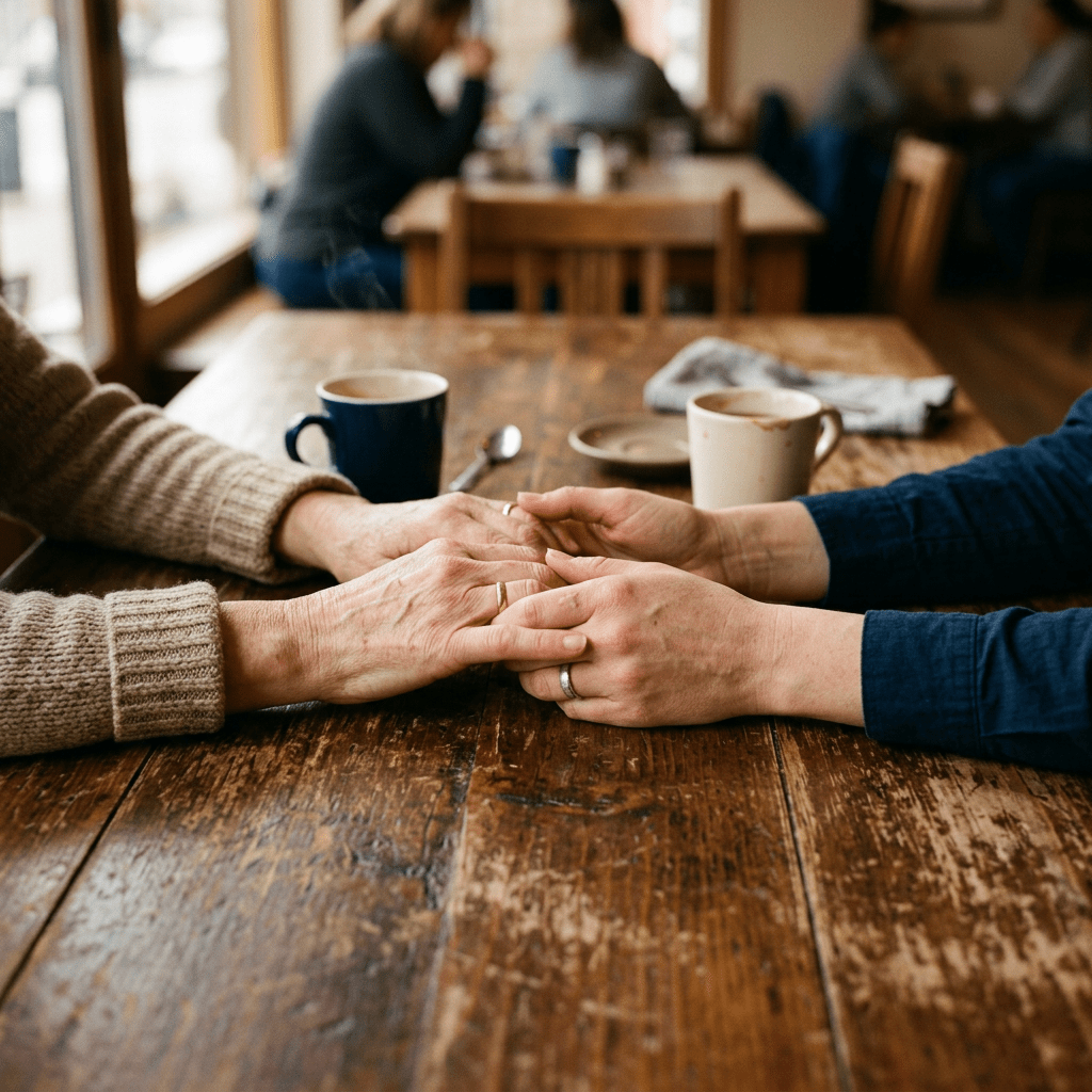 Two pairs of hands holding each other across a wooden table with coffee cups nearby