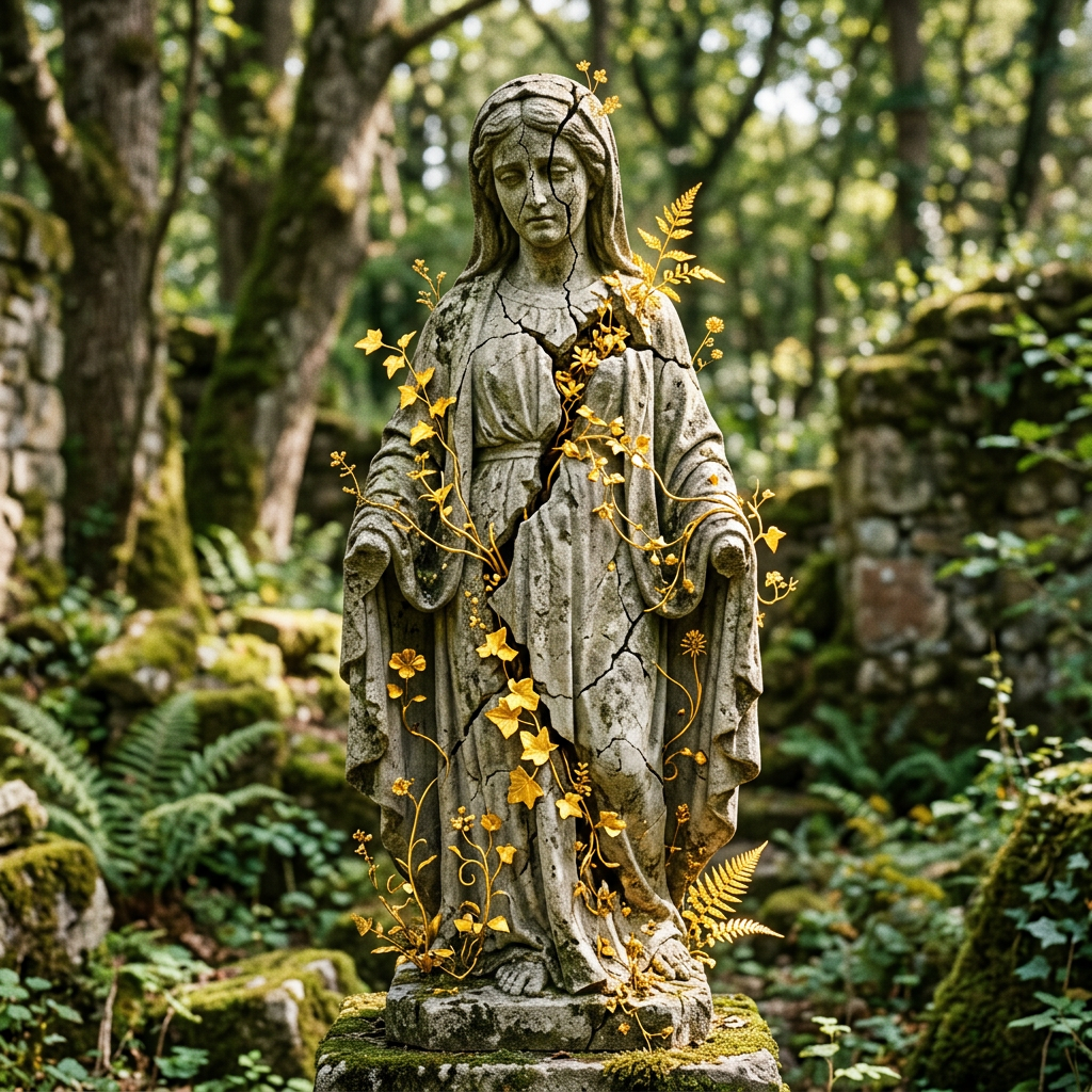 Cracked stone statue of a woman with golden flowers and vines growing on it
