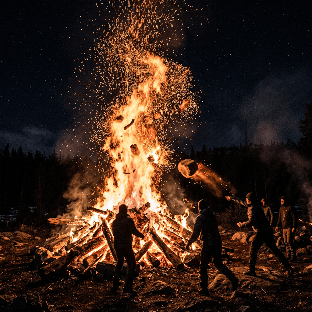 Several people adding logs to a large bonfire under a starry night sky