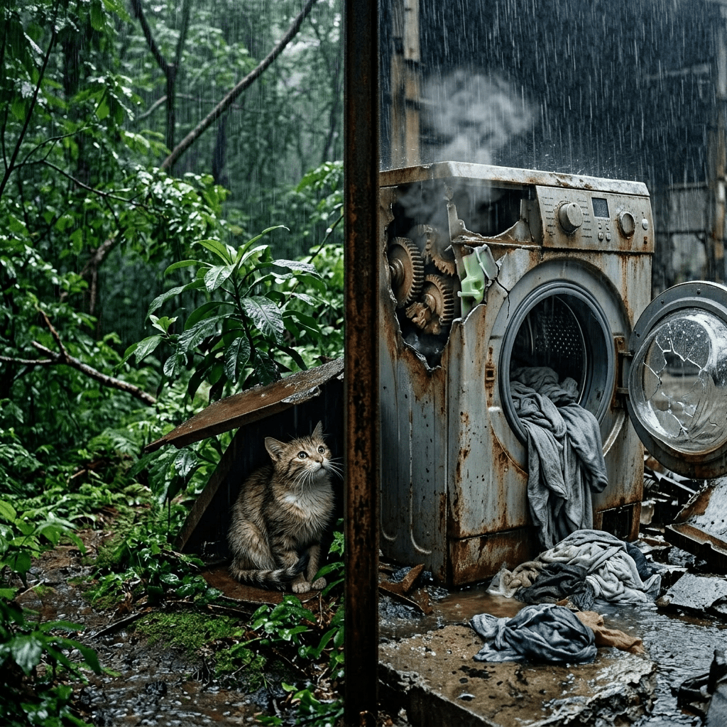 Rusty broken engine amidst rain and dense greenery in abandoned space