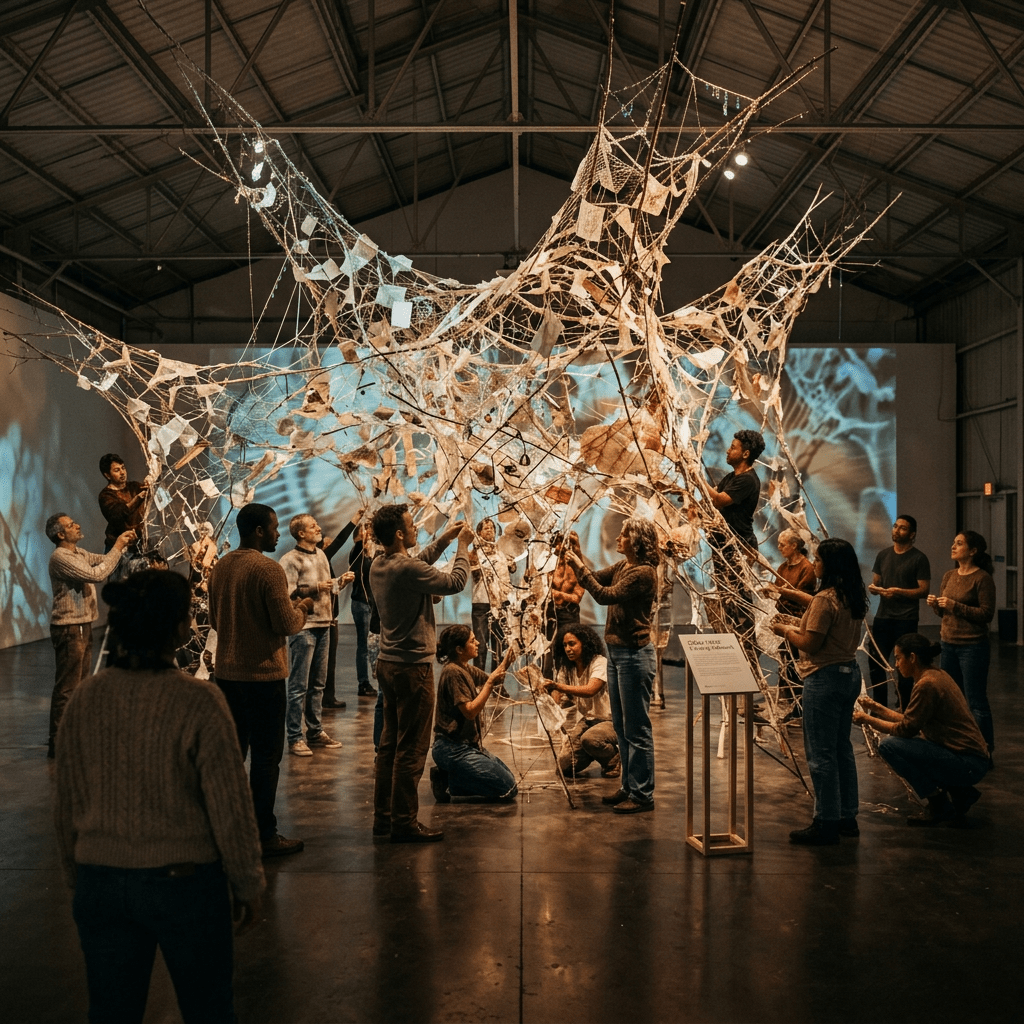 People working together on a large delicate web-like art sculpture inside a gallery space