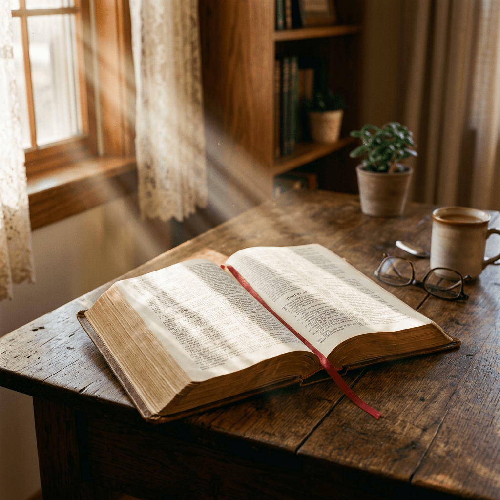 Open Bible with red bookmark on wooden table in sunlit room