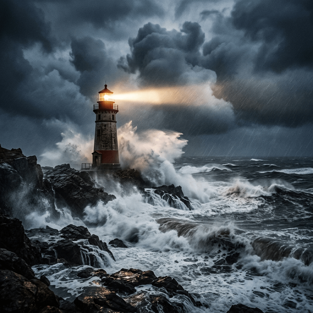 Lighthouse shining light amid stormy seas and large crashing waves