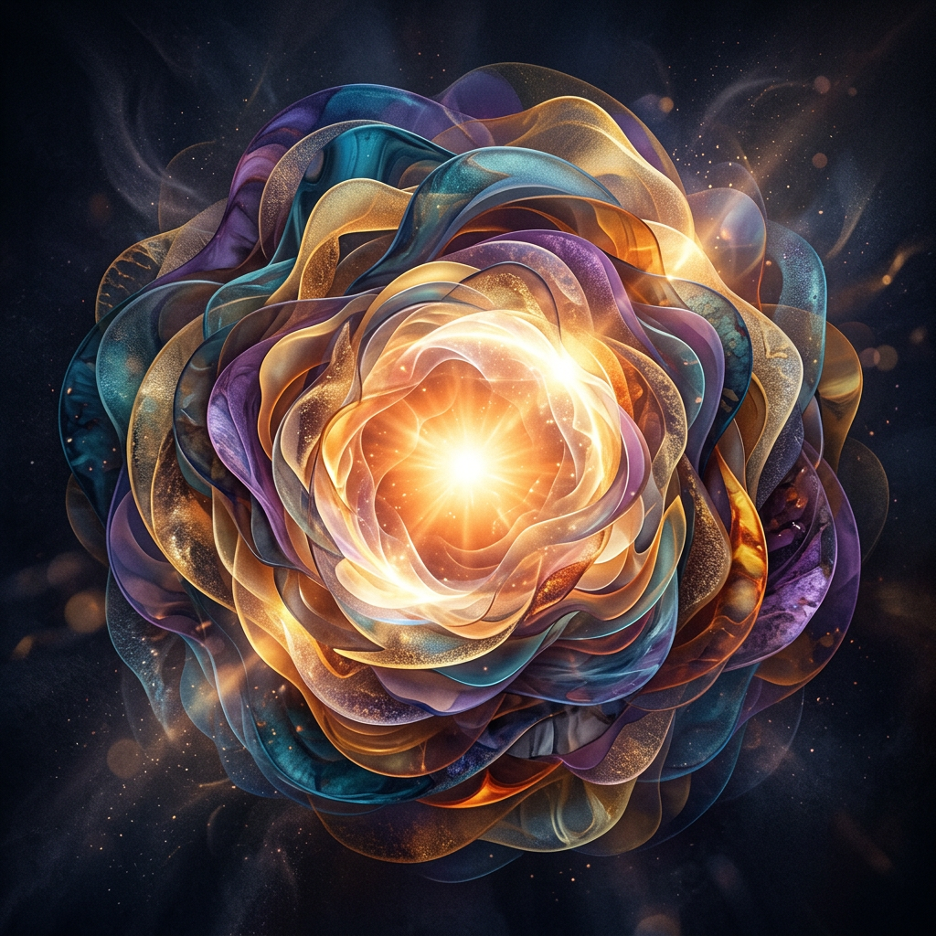Glowing layered spiral with translucent and colorful overlapping petals