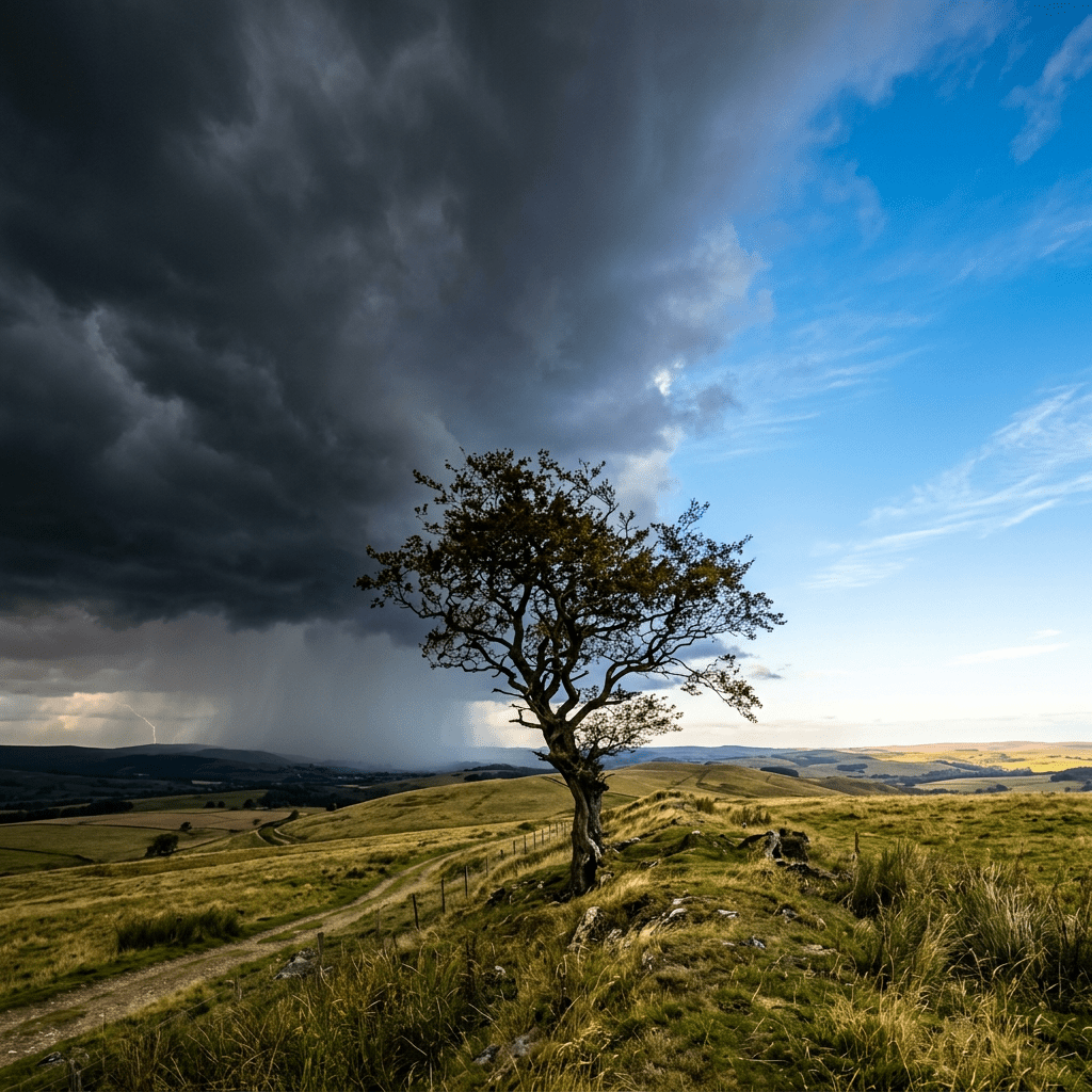 Solitary tree on grassy hill with dark storm clouds and lightning contrasting clear sky