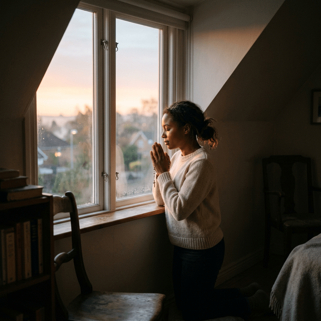 Woman kneeling by window praying with rosary during sunrise