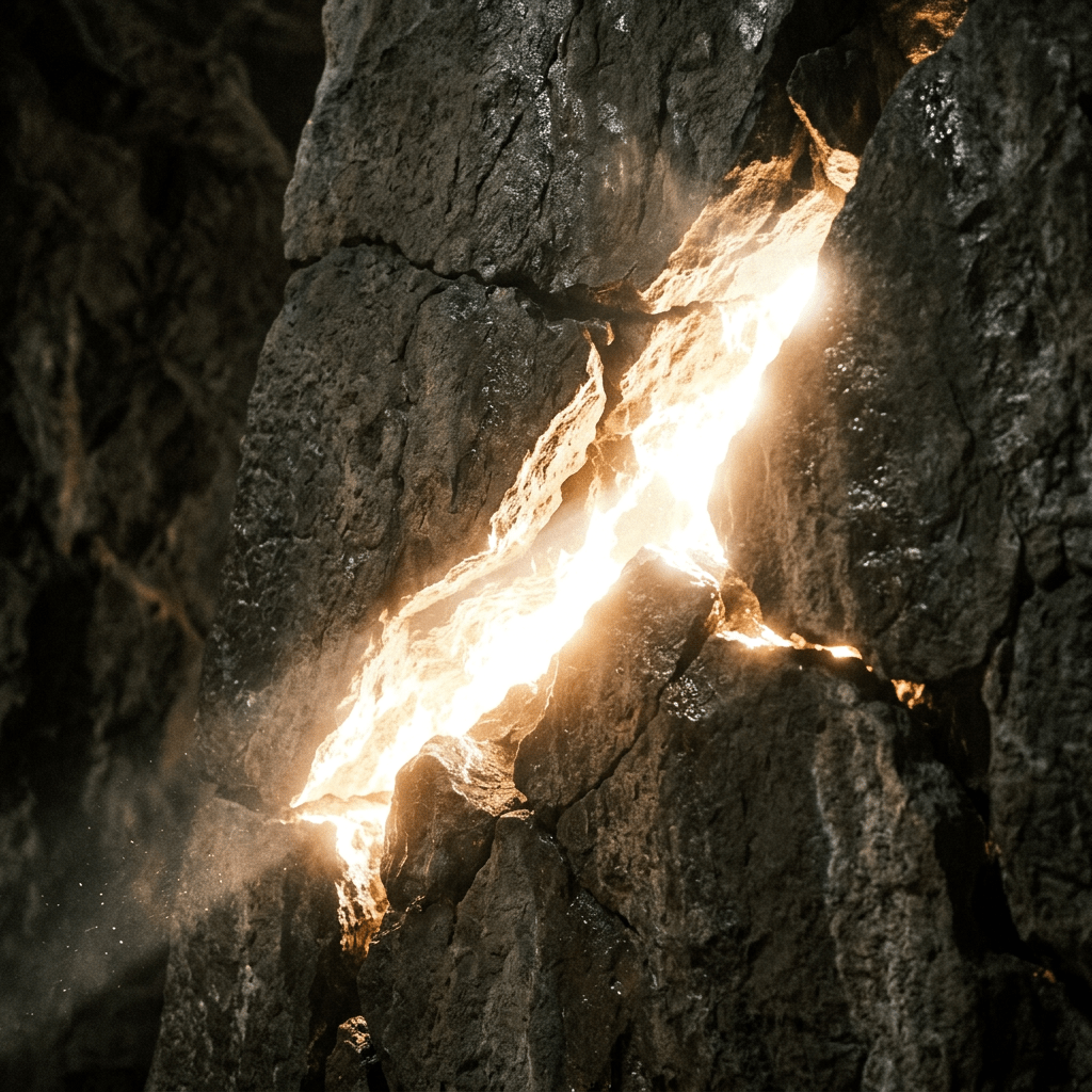 Bright light beams emitting from a narrow fractured opening in rough rock surface