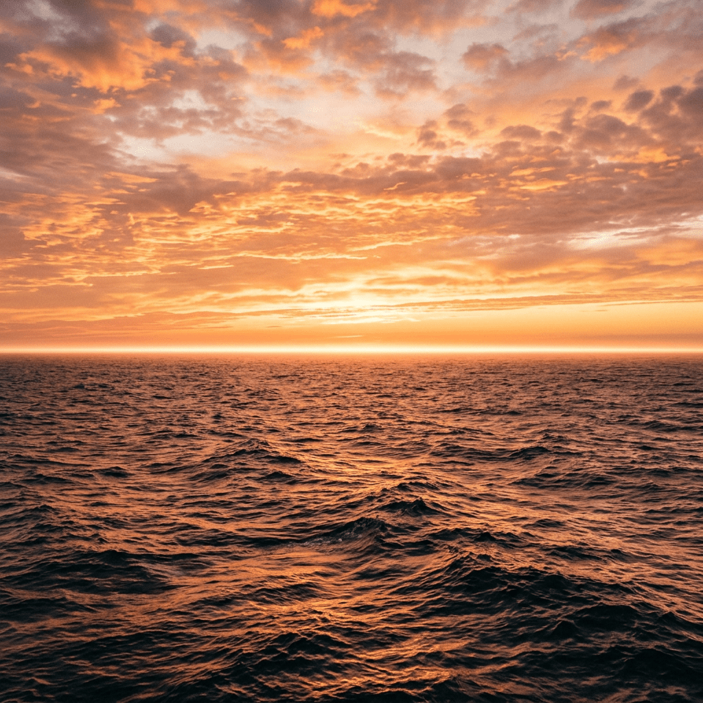 Ocean waves reflecting golden light from a vibrant sunset with scattered clouds