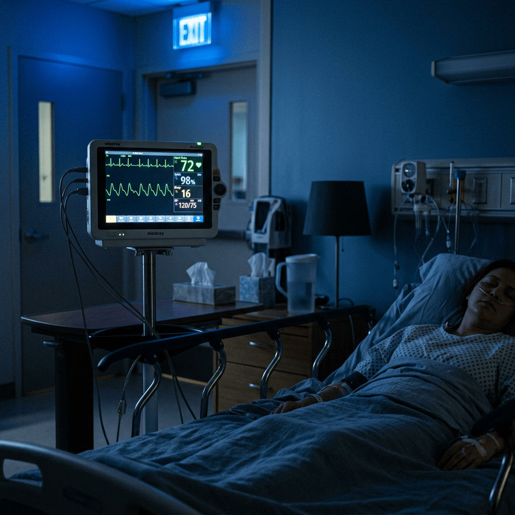 Patient lying in hospital bed connected to vital signs monitor