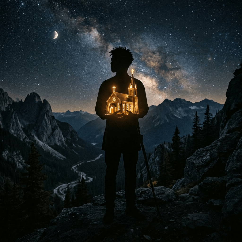 Silhouette of a person holding a glowing temple with a starry sky and mountains in the background