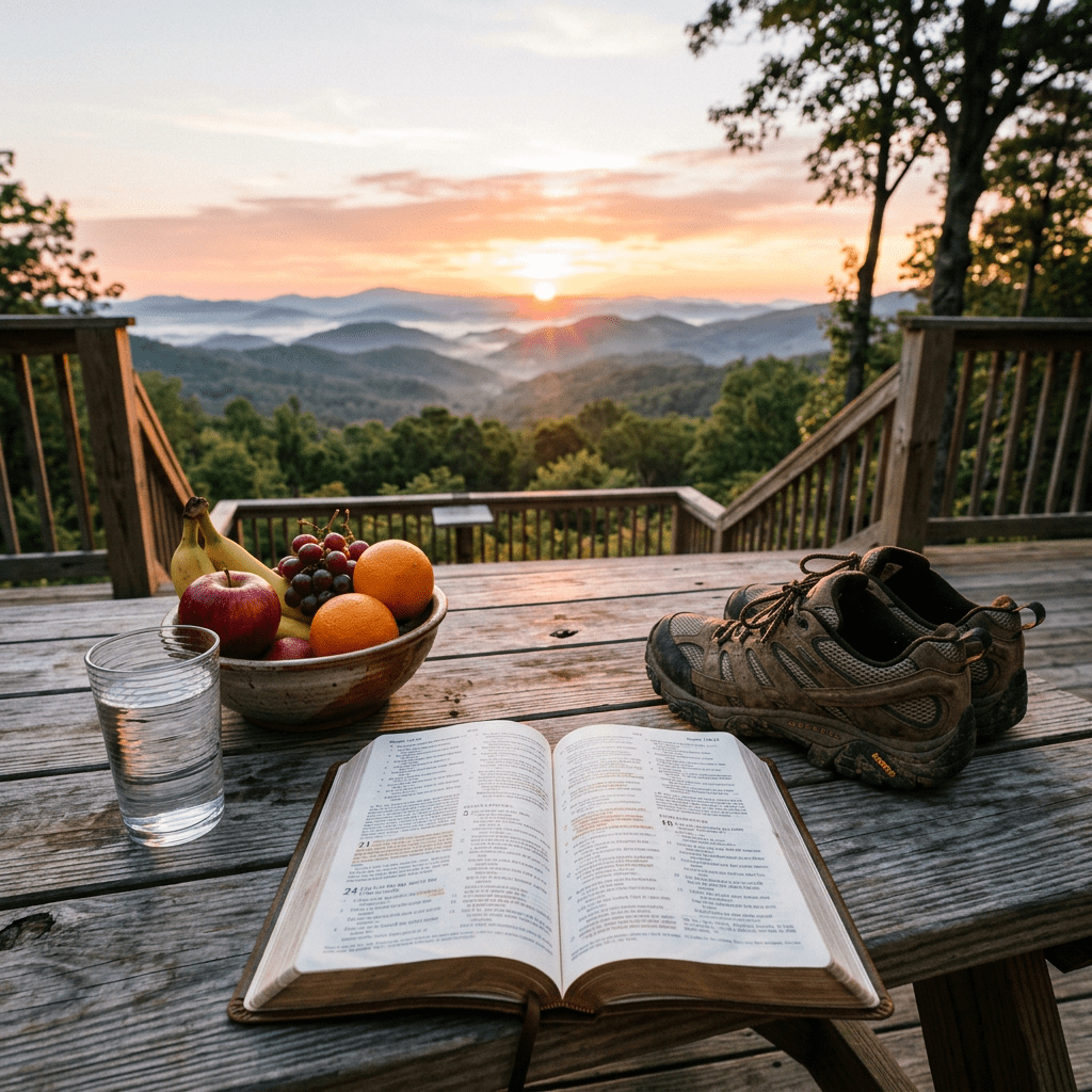Open Bible on wooden table with fruit bowl, hiking shoes, and glass of water in front of mountain sunrise.