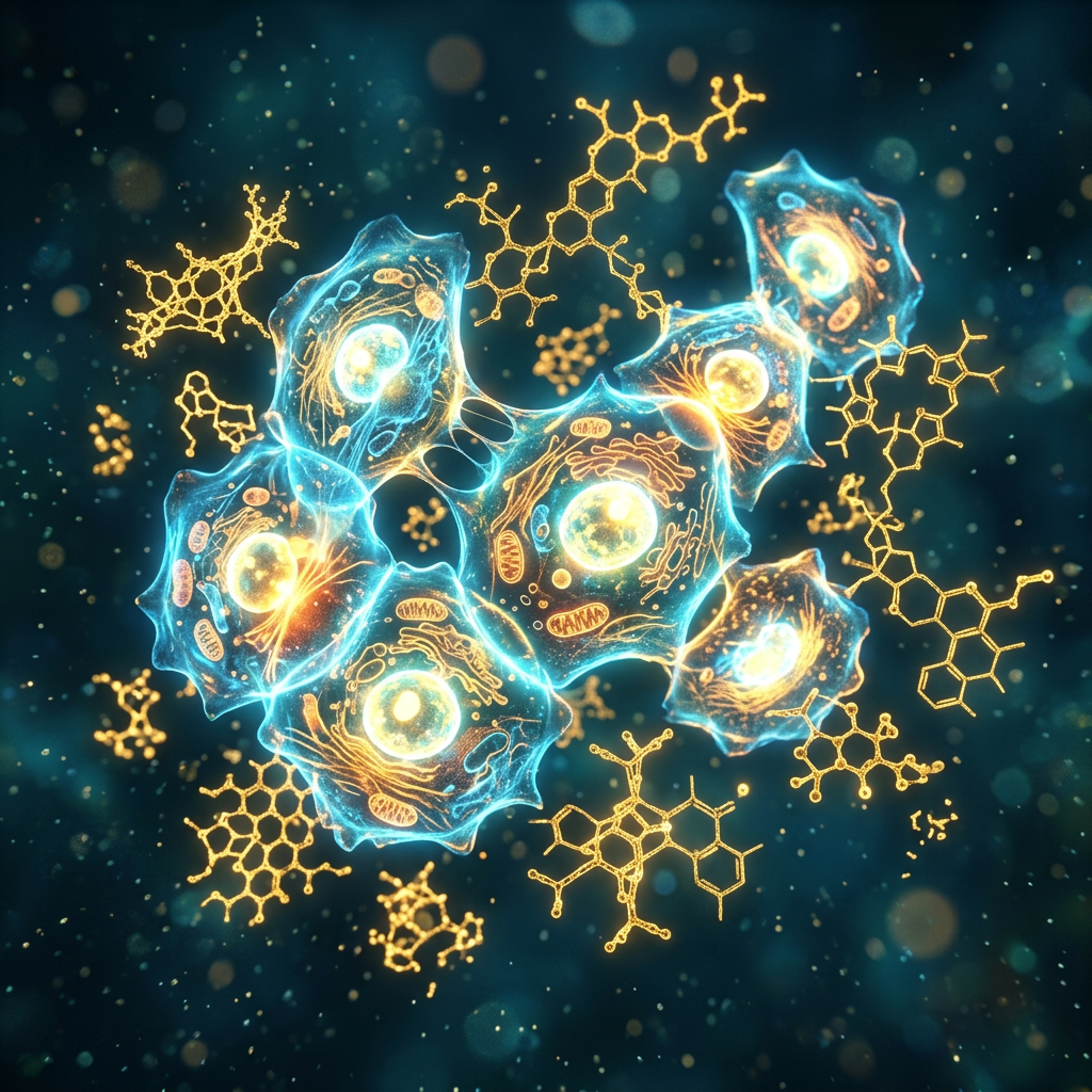 Several glowing cells with visible internal organelles surrounded by molecular structures in blue and gold colors