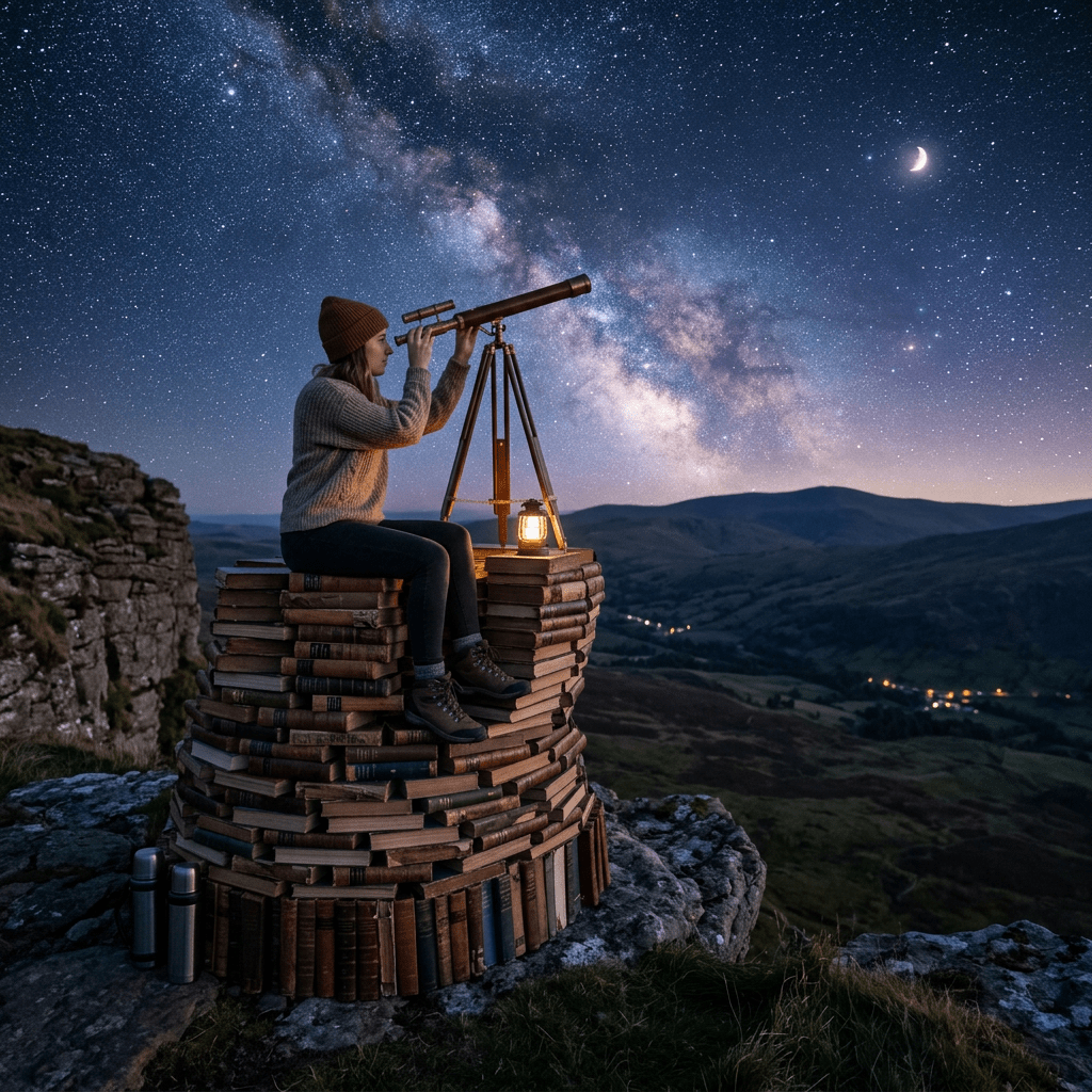 Woman sitting on a tower of books looking through telescope at night