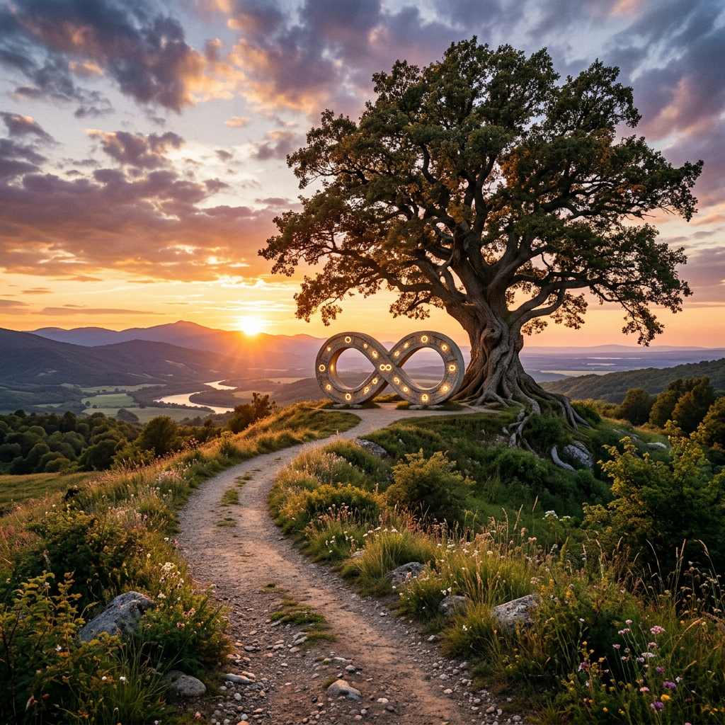 Infinity symbol sculpture with lights under a tree at sunset on a hillpath