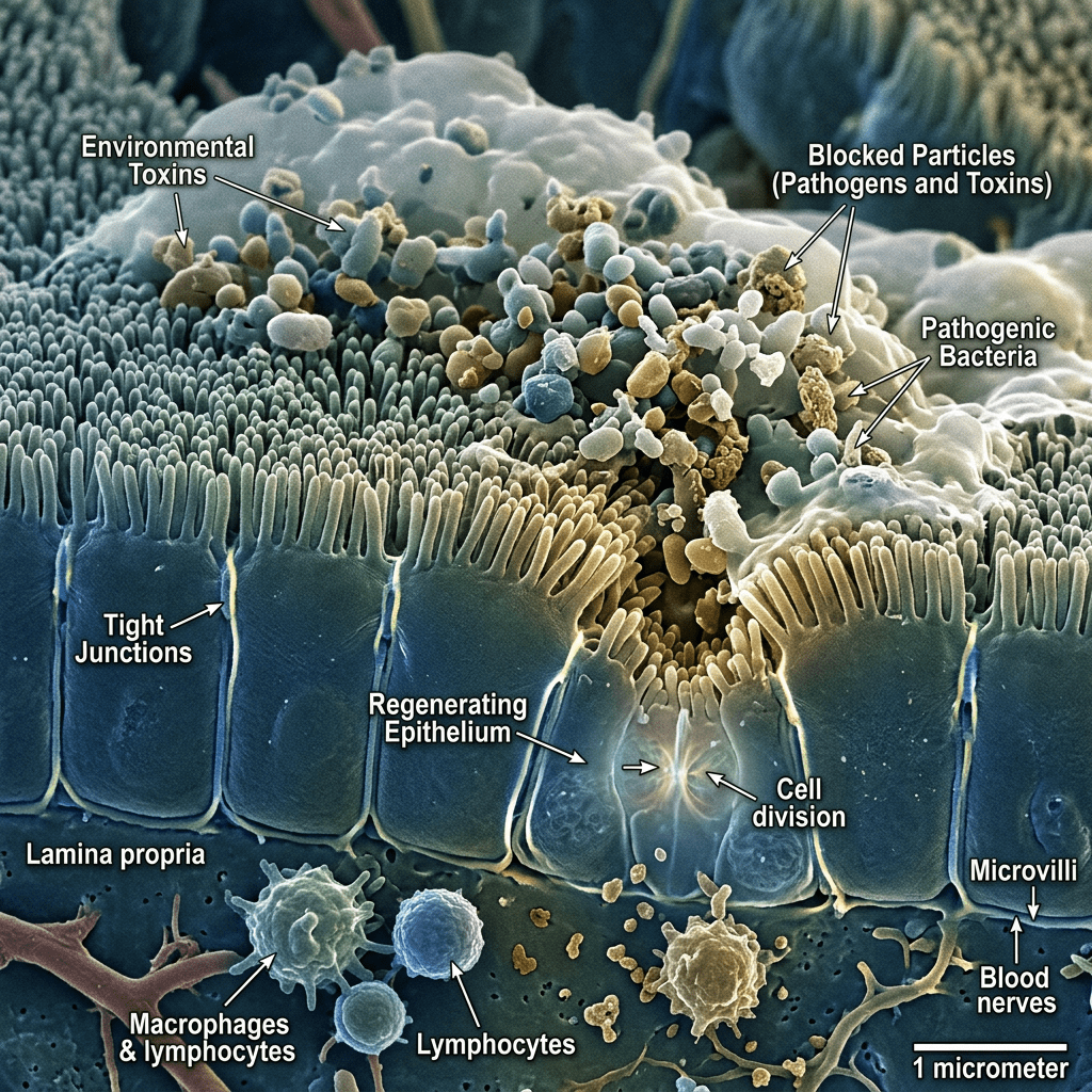 Intestinal epithelial cells with microvilli, pathogens, immune cells, and cell division
