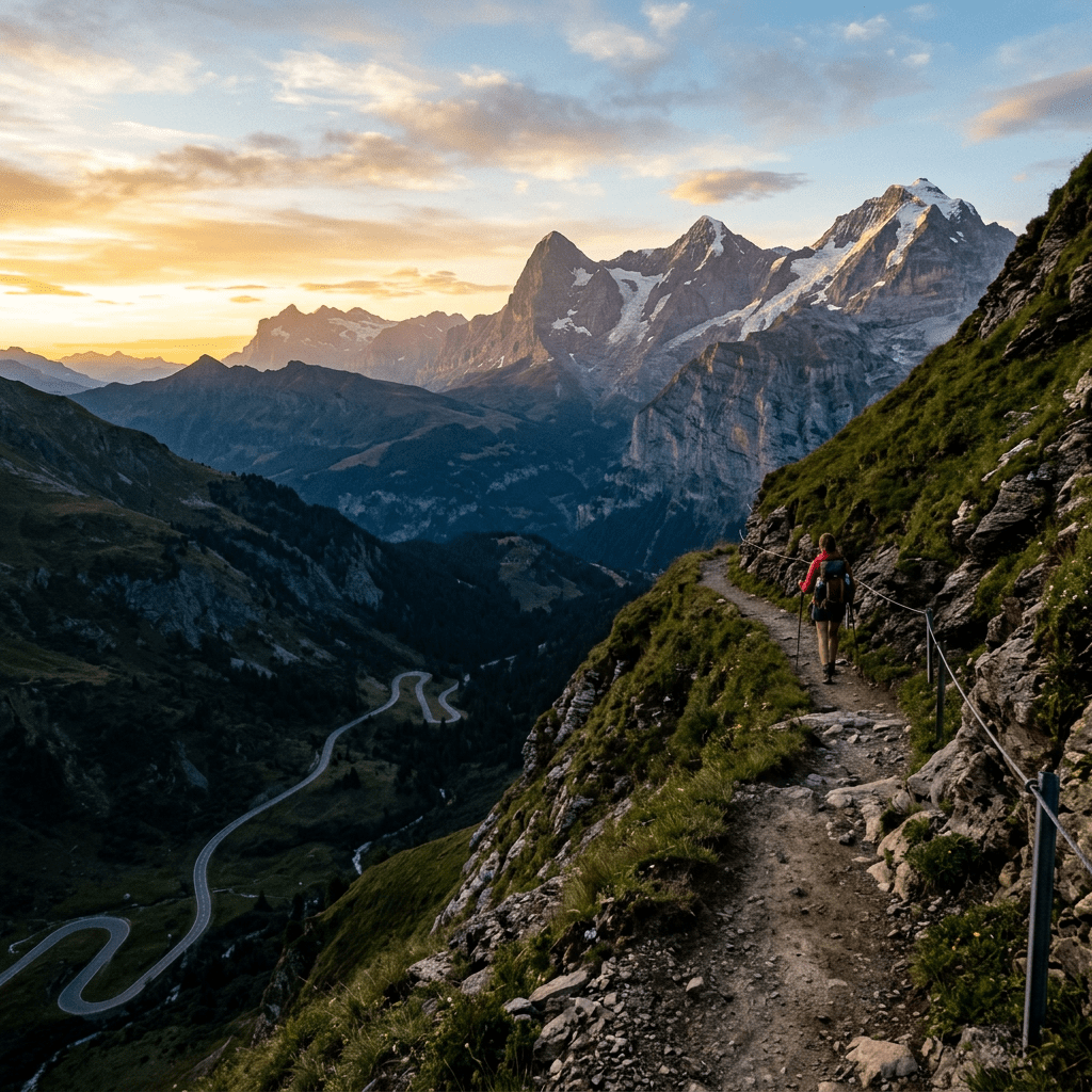 Narrow mountain trail at dawn above shadowed road