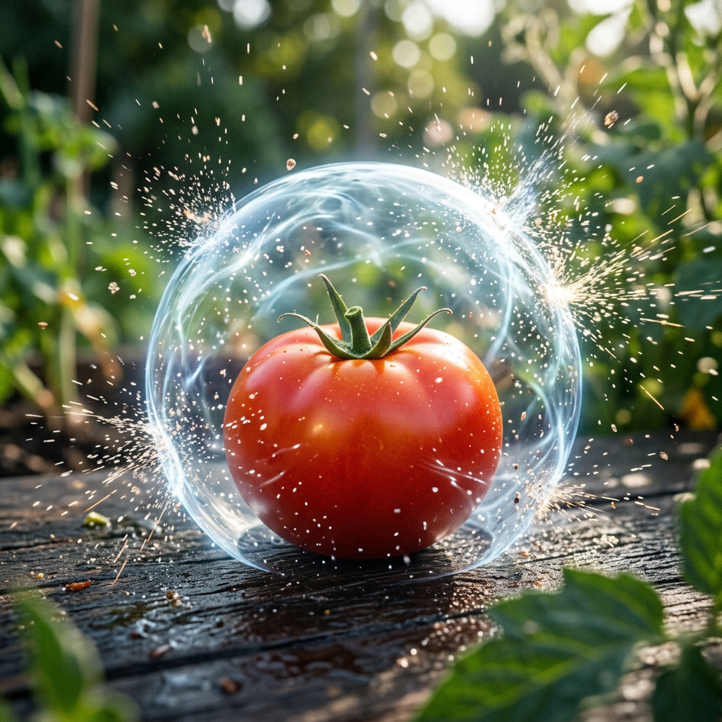Ripe tomato surrounded by a glowing protective energy shield outdoors
