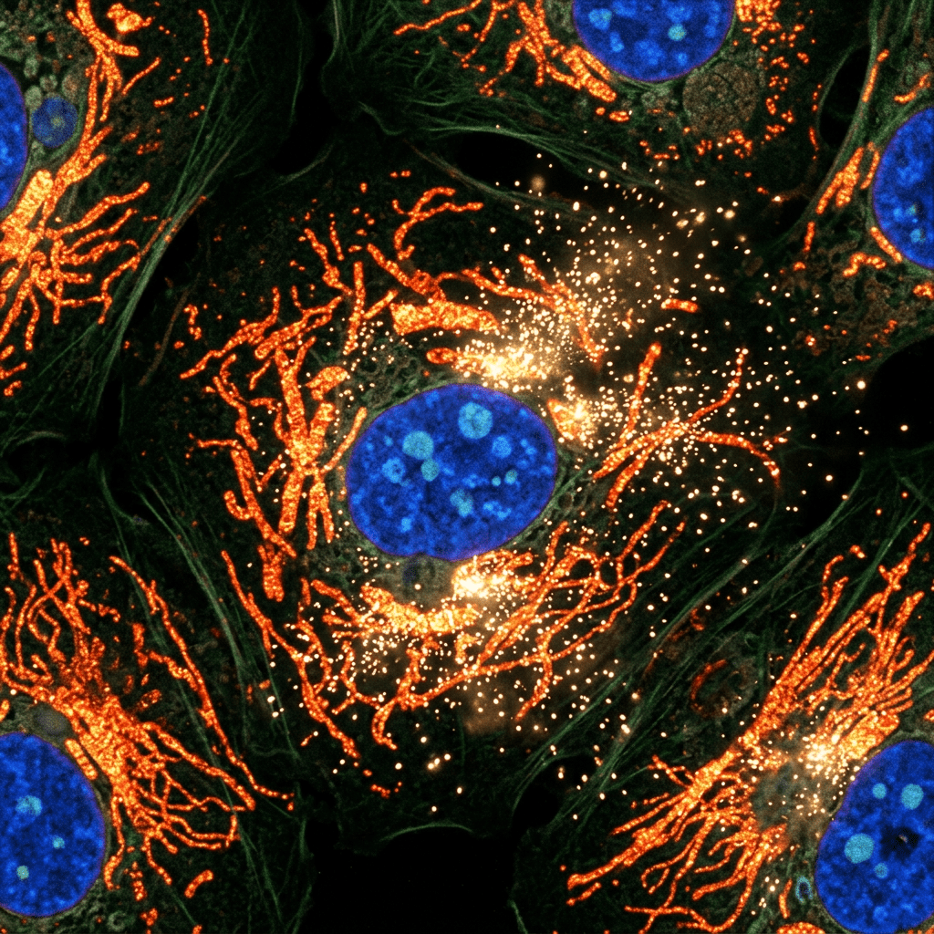 Cells with blue nuclei and orange mitochondria under fluorescence microscopy