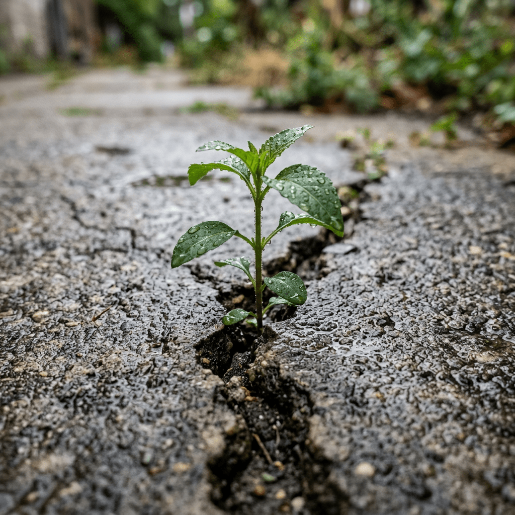 Small green plant emerging from cracked wet pavement with water droplets