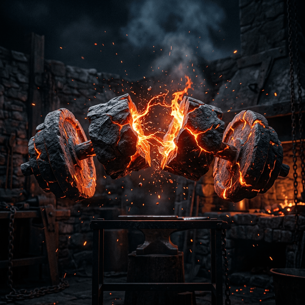 Two cracked molten stone dumbbells glowing with fiery lava in a blacksmith forge