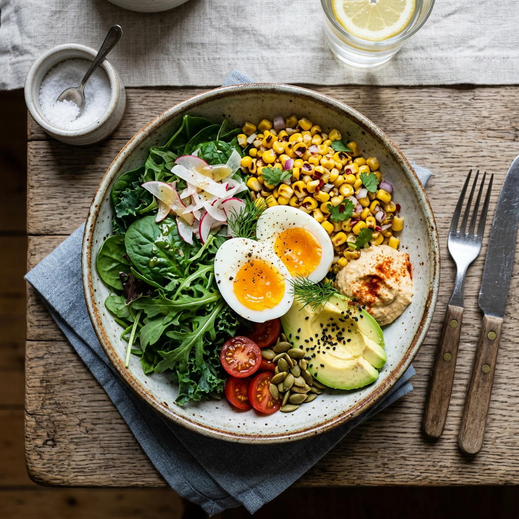 Salad bowl with leafy greens, corn, cherry tomatoes, avocado, boiled eggs, pumpkin seeds, and hummus.
