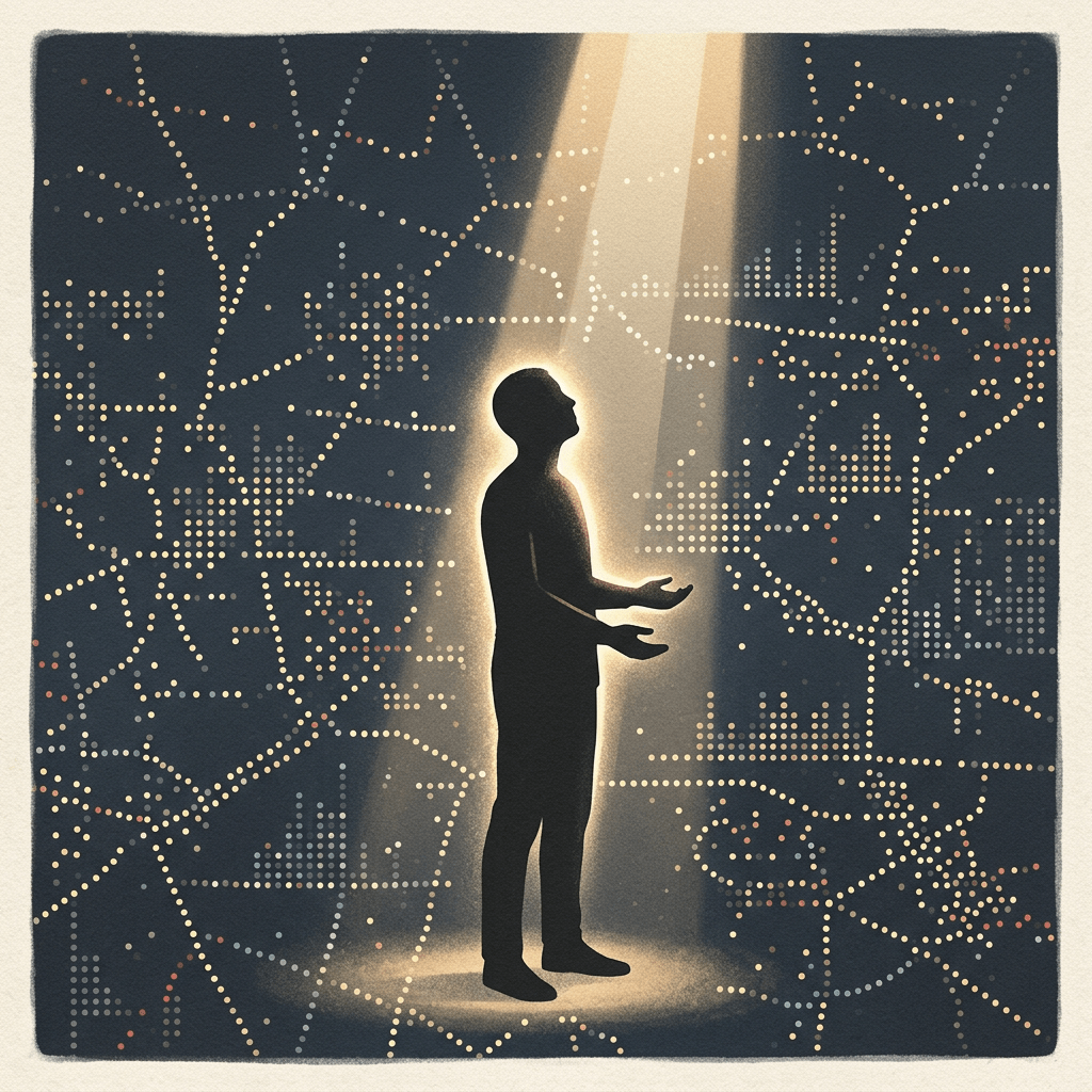 Silhouette of a person illuminated by a beam of light surrounded by dotted data patterns