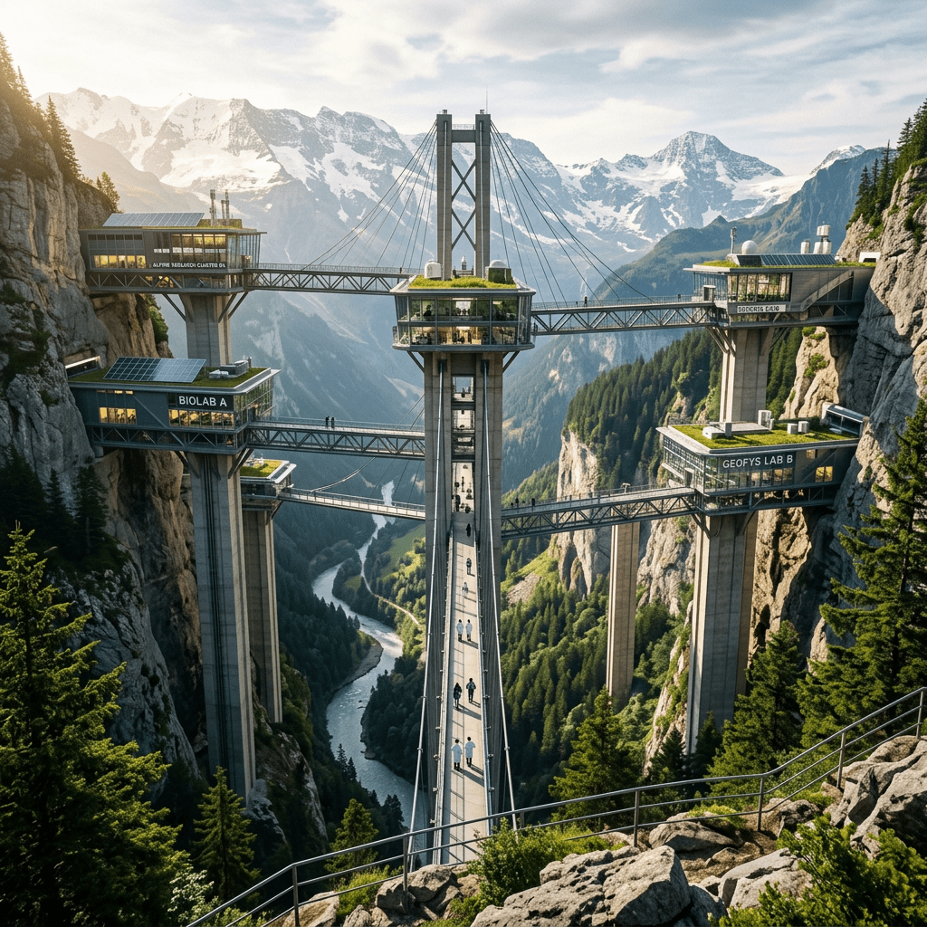 Bridge connecting mountain research labs with snowy peaks and river below