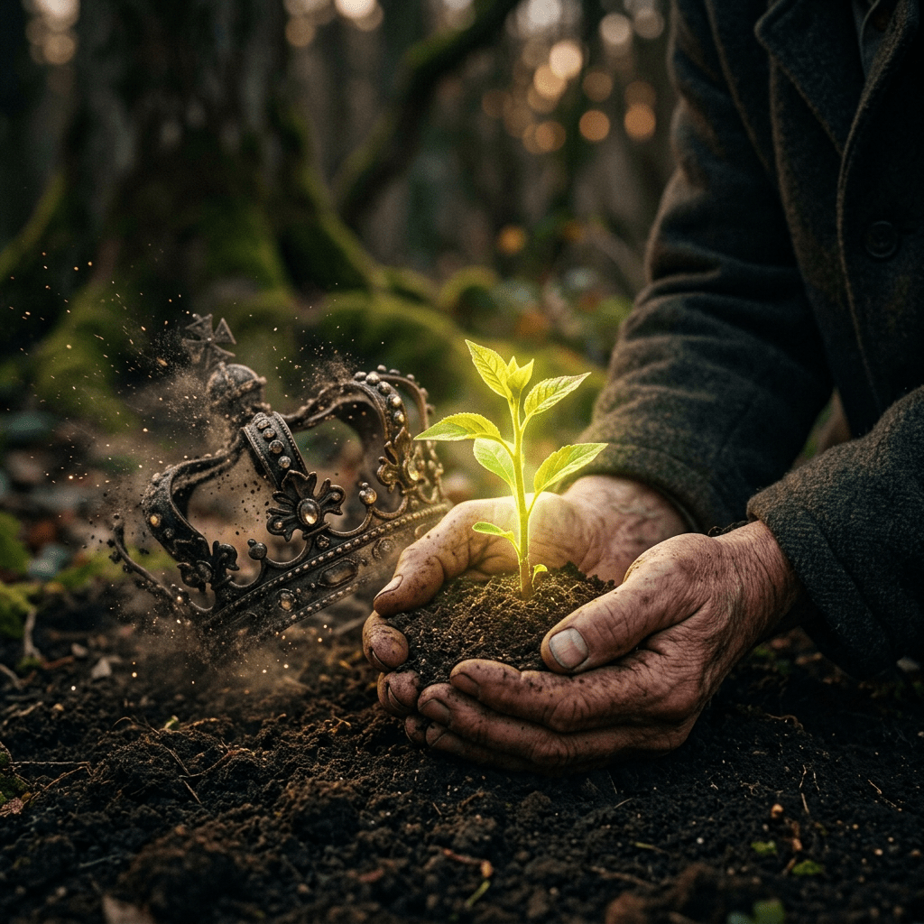 Hands holding soil with a glowing young plant and a crown sinking into earth
