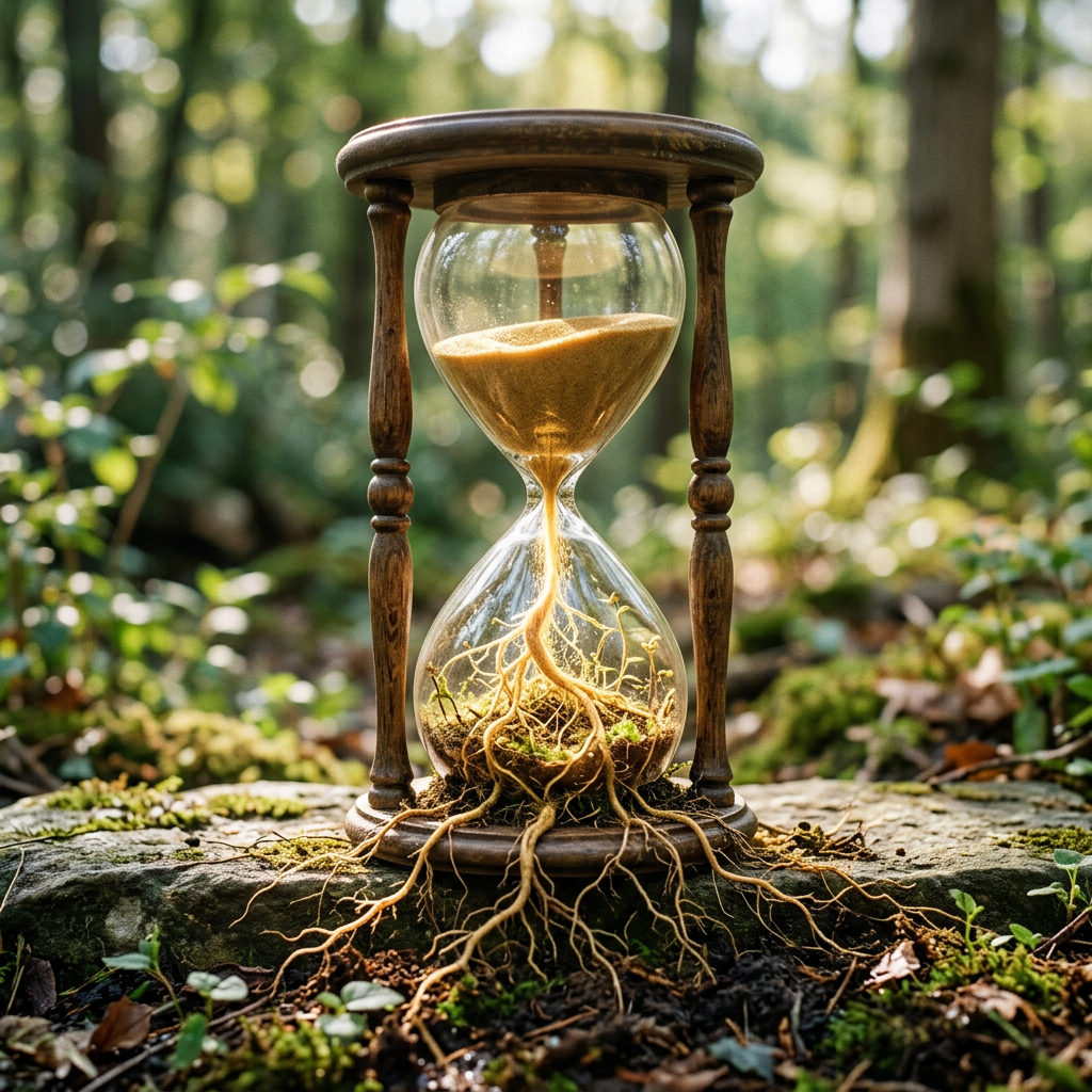 Hourglass sand transforming into nourishing root network