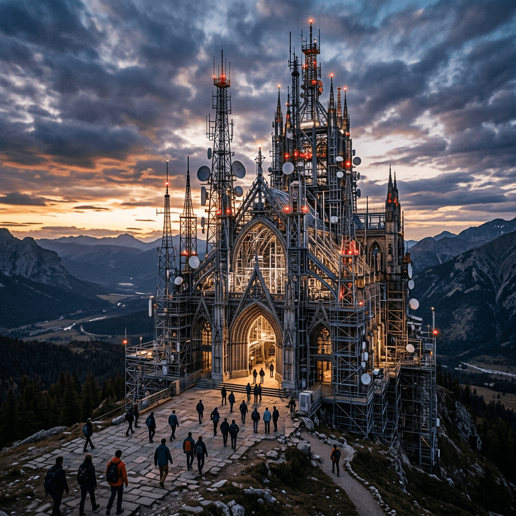 Gothic tower on a mountain with antennas and people walking towards it at sunset
