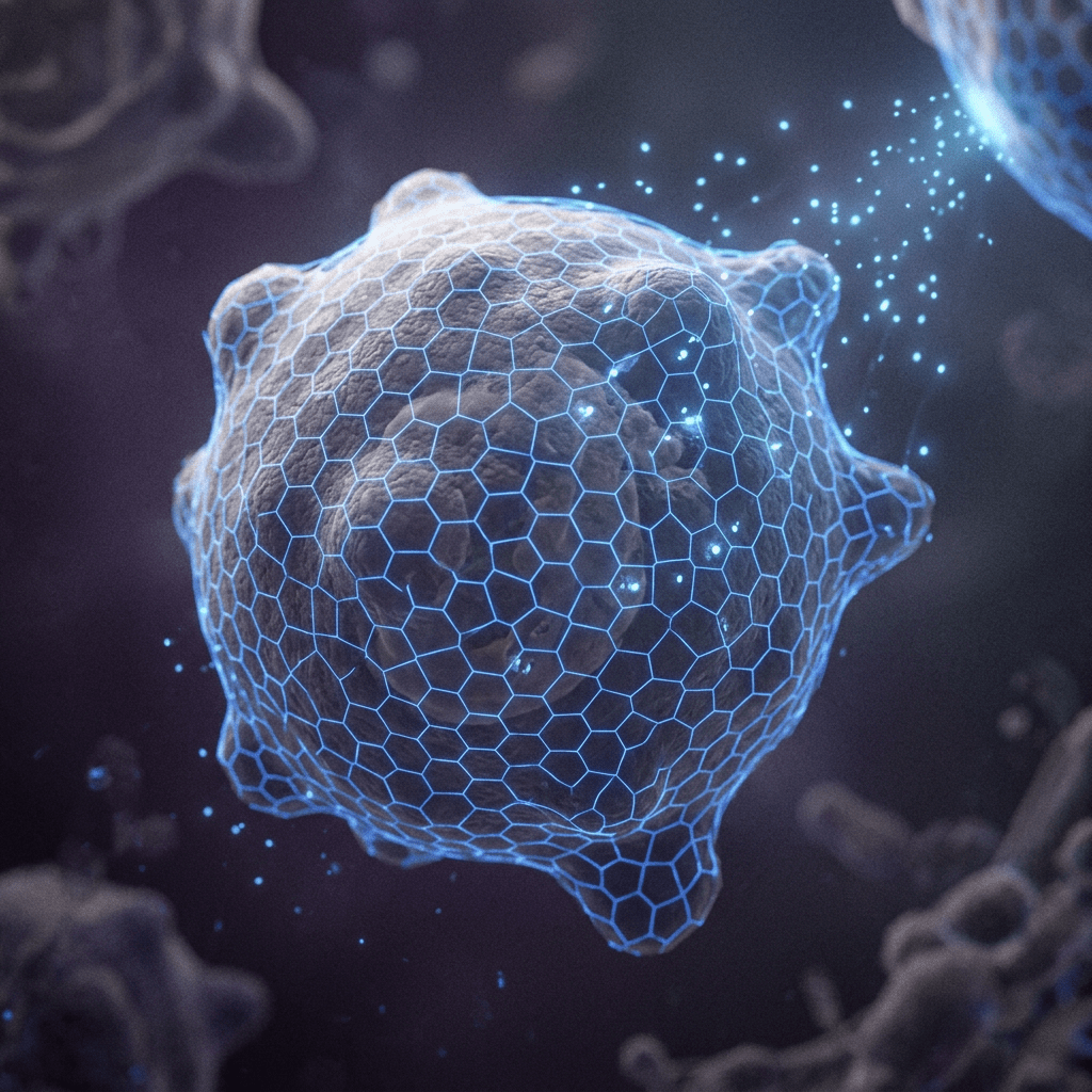 Biological cell with hexagonal mesh overlay and glowing particles