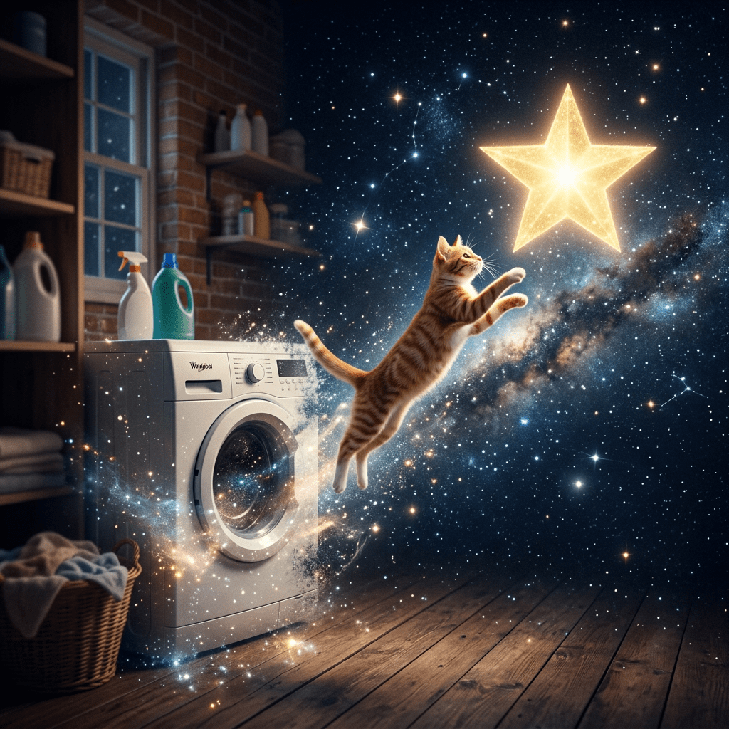 Washing machine fading, cat leaping to star