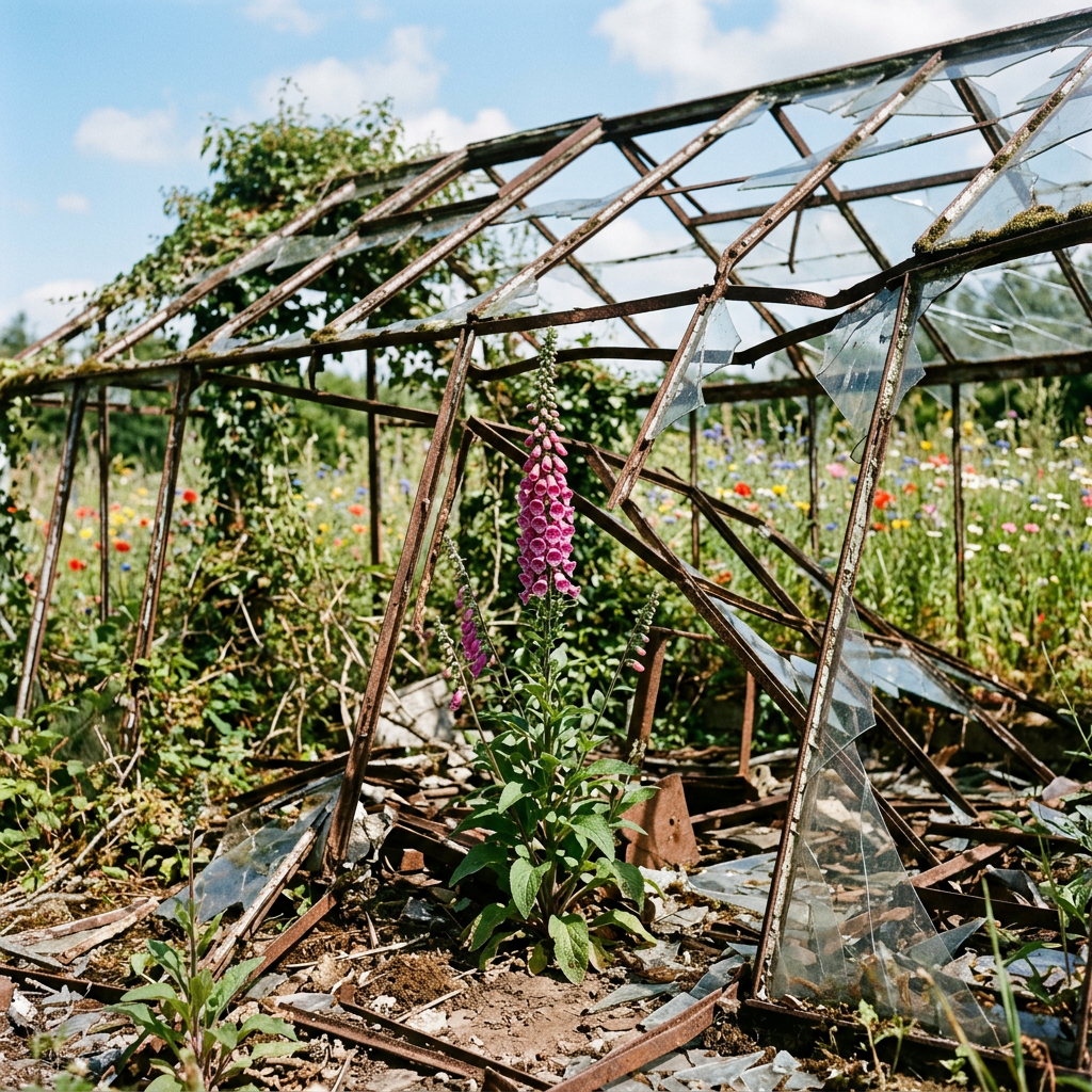 Rusty metal frame of broken greenhouse with shattered glass and pink foxglove flowers growing inside