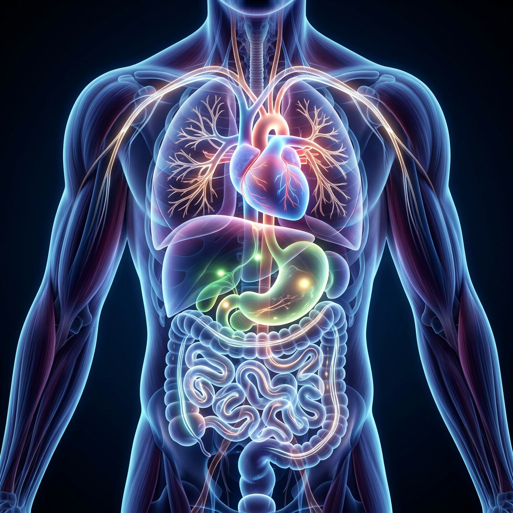 Human torso with highlighted heart, lungs, stomach, liver, and intestines