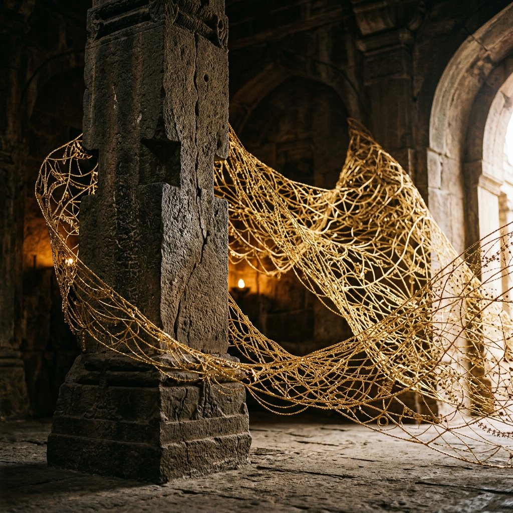 Golden wire sculpture wrapping around a weathered stone pillar in an old stone building