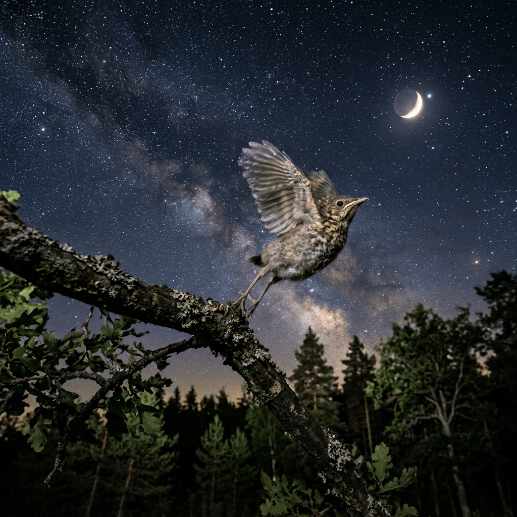 A young bird with wings spread taking off from a branch under a night sky filled with stars and a crescent moon