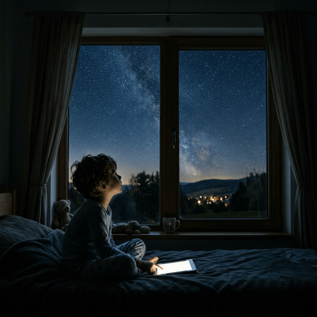 Child sitting on bed using tablet, looking out window at night sky with stars