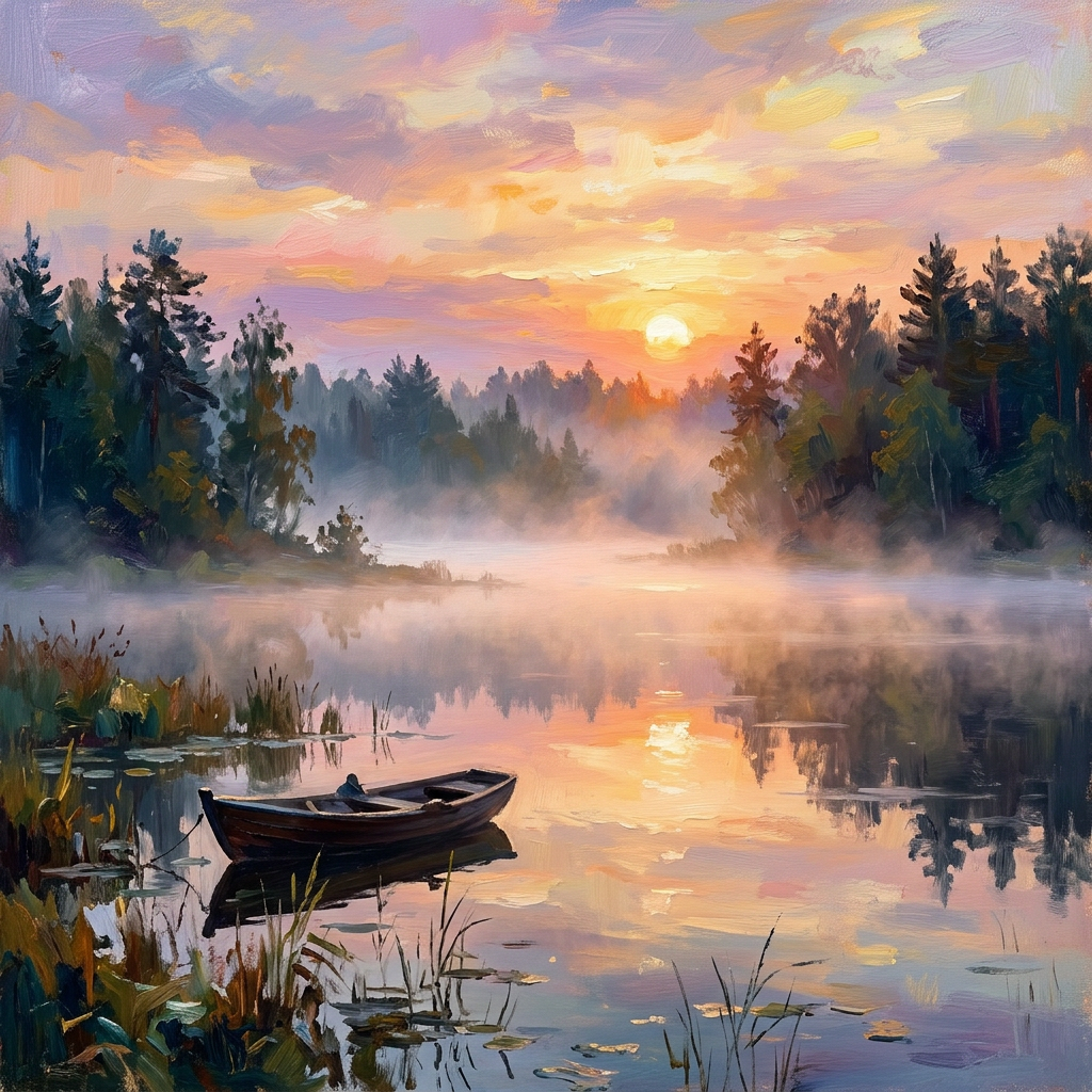 Wooden boat floating on calm lake at sunrise with mist and trees