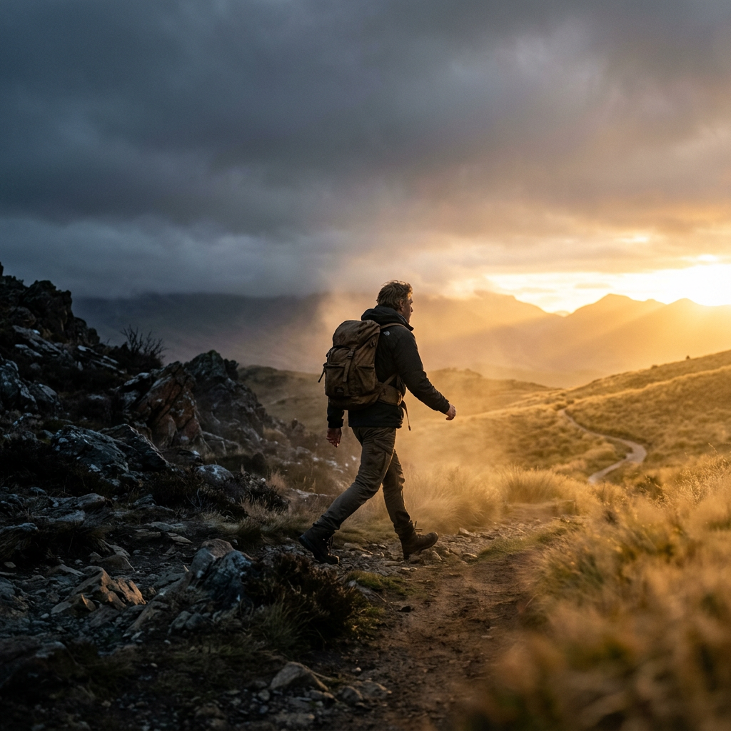 Hiker with backpack walking on a mountain trail during sunset with dramatic sky